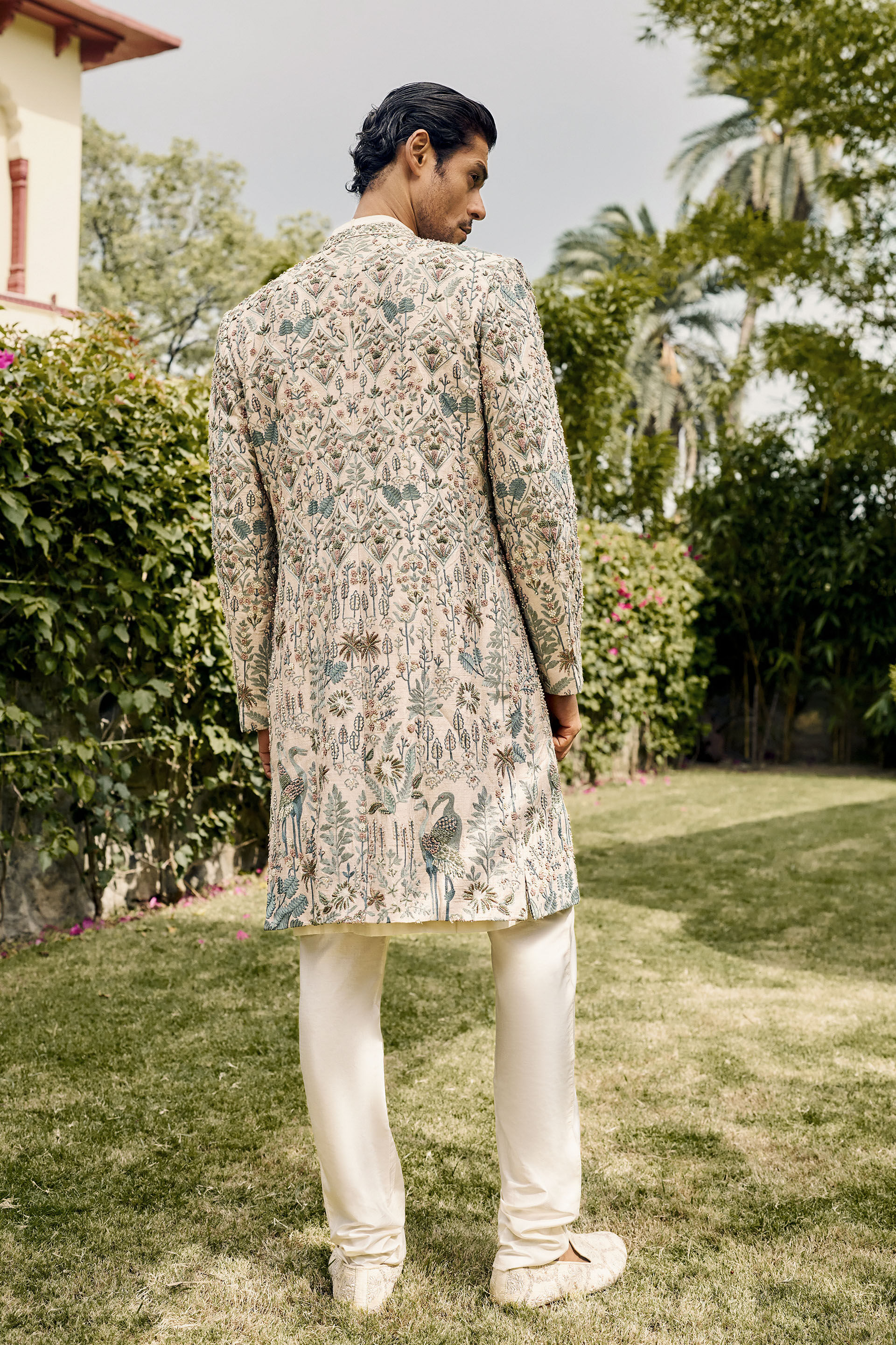 Almir Aari Embroidered Silk Sherwani - Champagne
