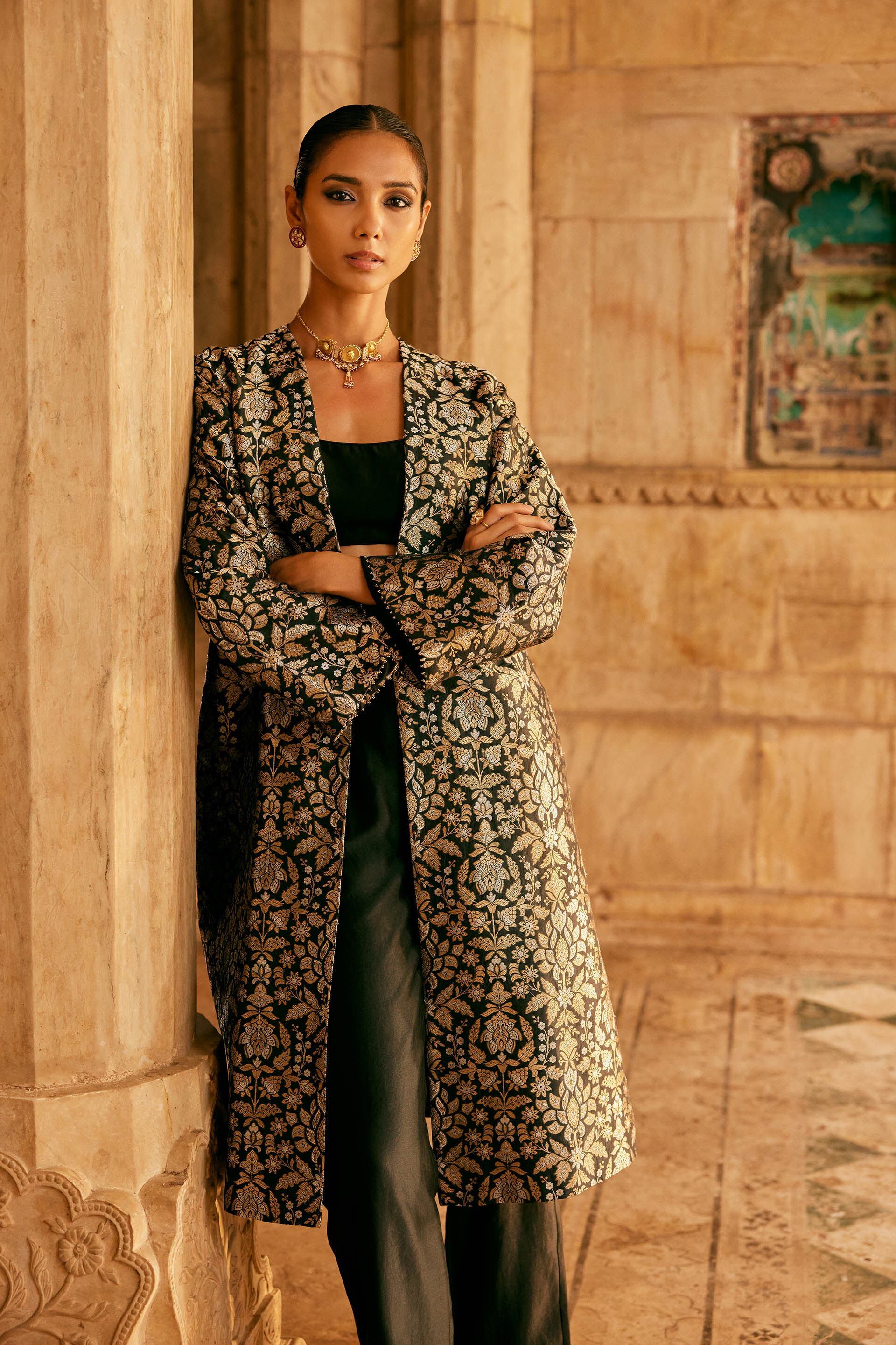 Tamadur Handwoven Benarasi Silk Jacket Set - Black, Black, image 2