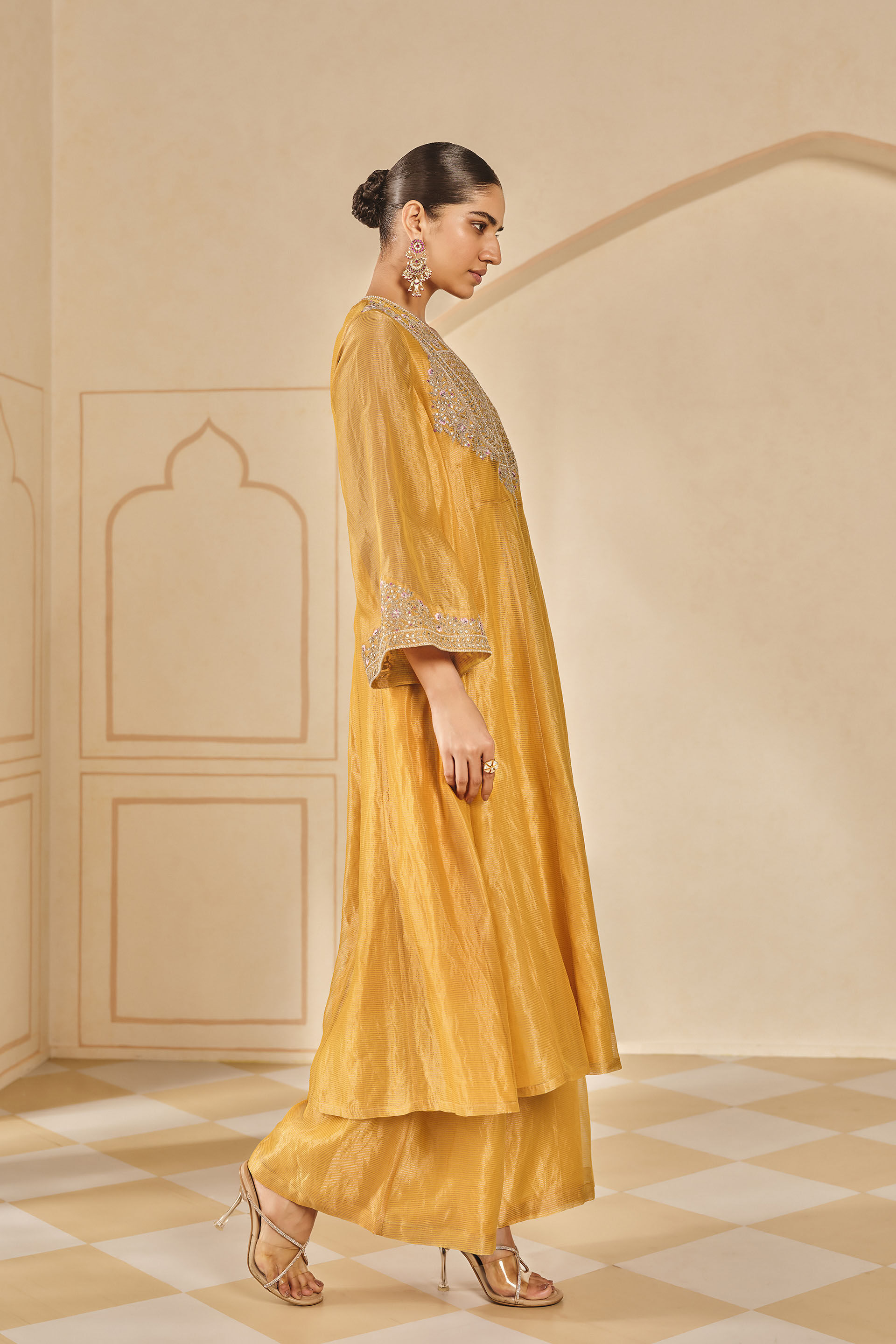 Azha Embroidered Zardozi Silk Jacket Set - Yellow, Yellow, image 4