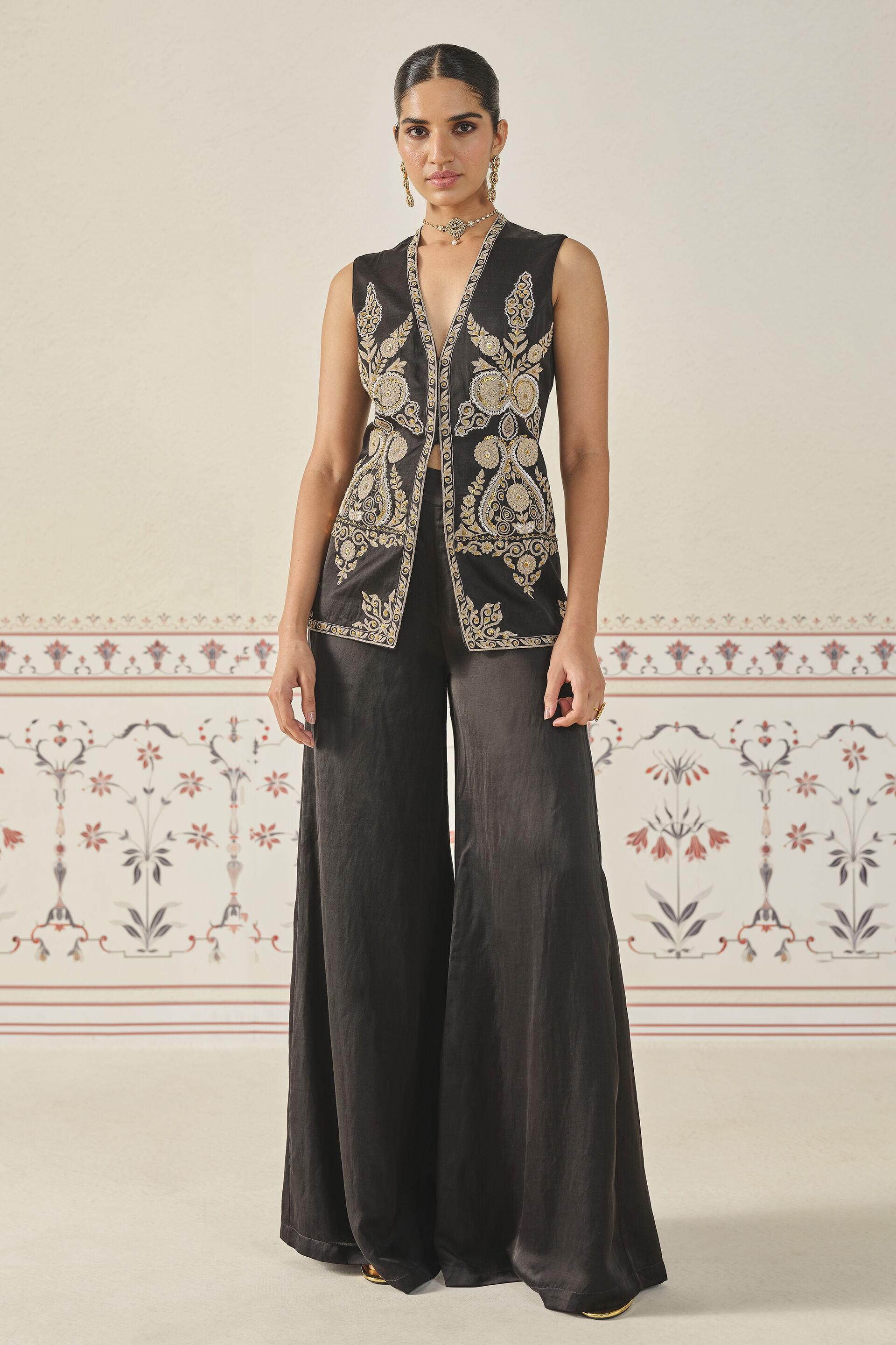 Saanjh Embroidered Cord Short Jacket Set - Black