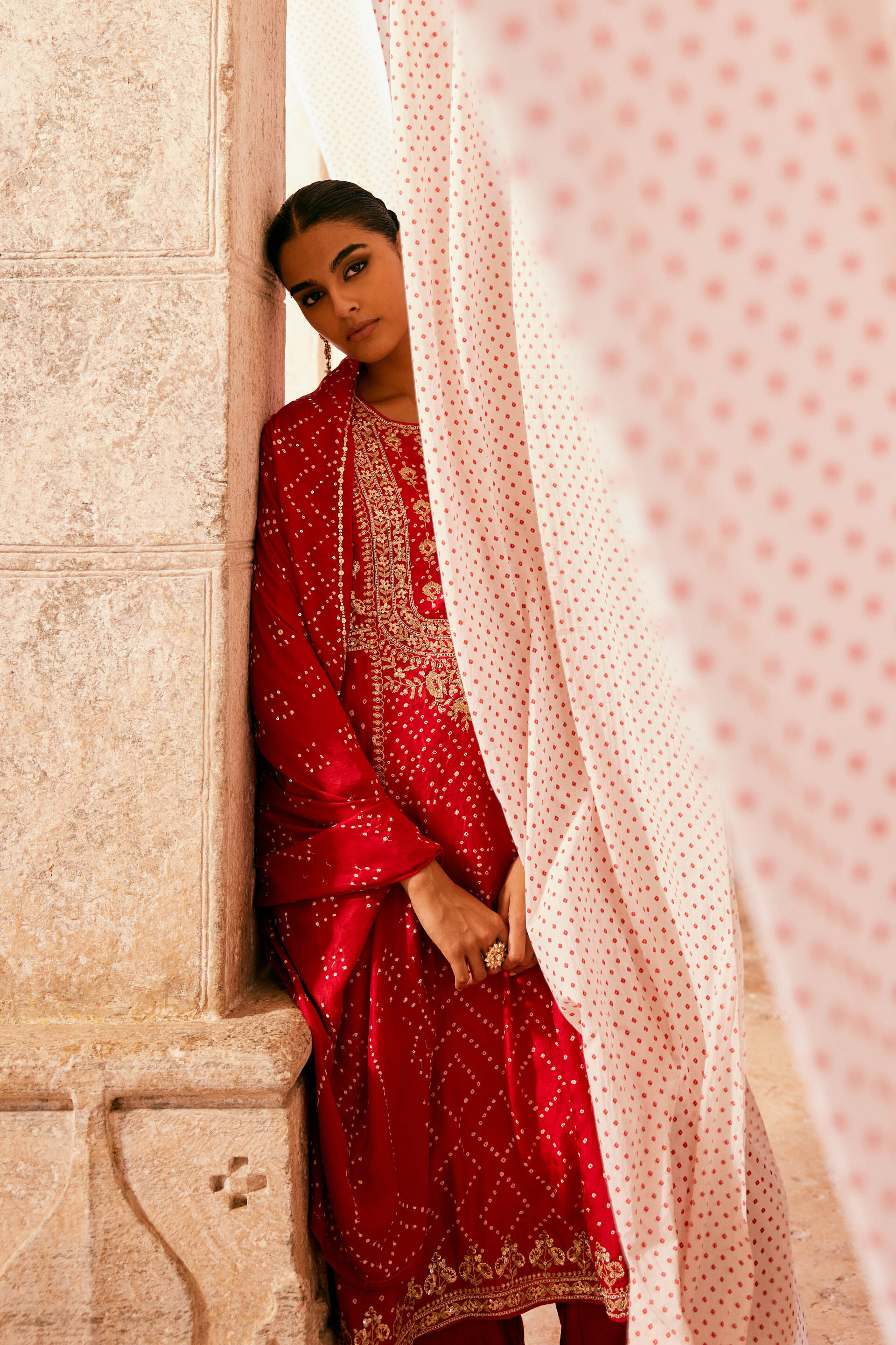 Cinnabar Handcrafted Bandhani Silk Suit Set - Red, Red, image 4