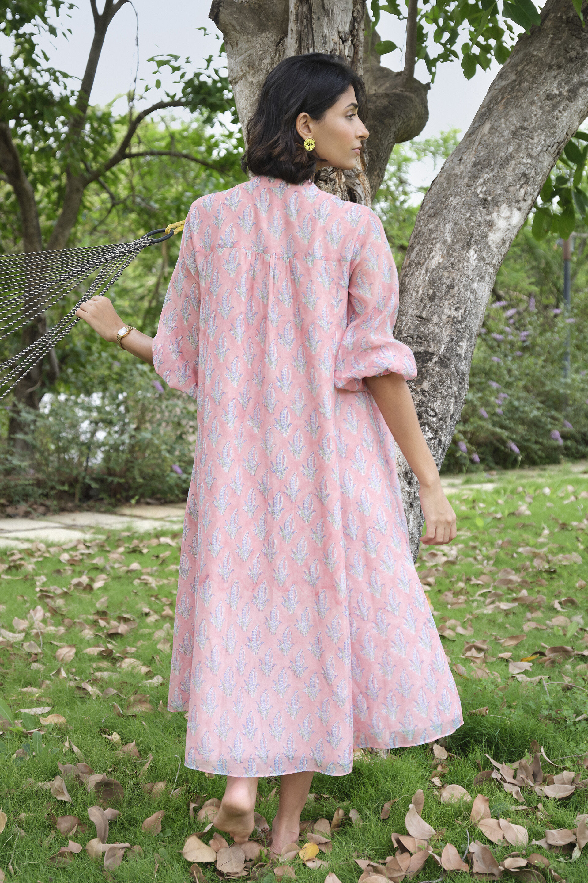 Heather Hand-block Printed Mul Dress - Pink