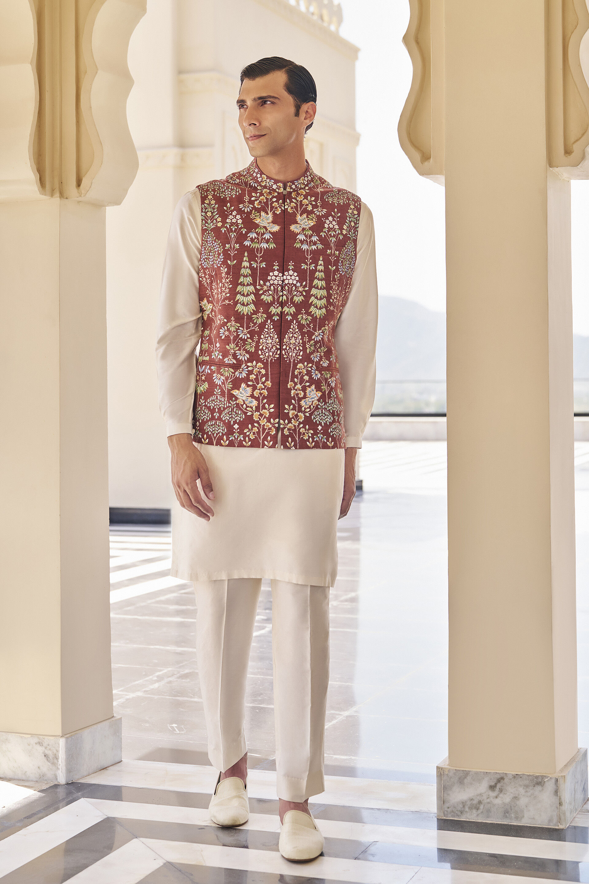 Ranav Brown Pichhwai Nehru Jacket, Brown, image 1