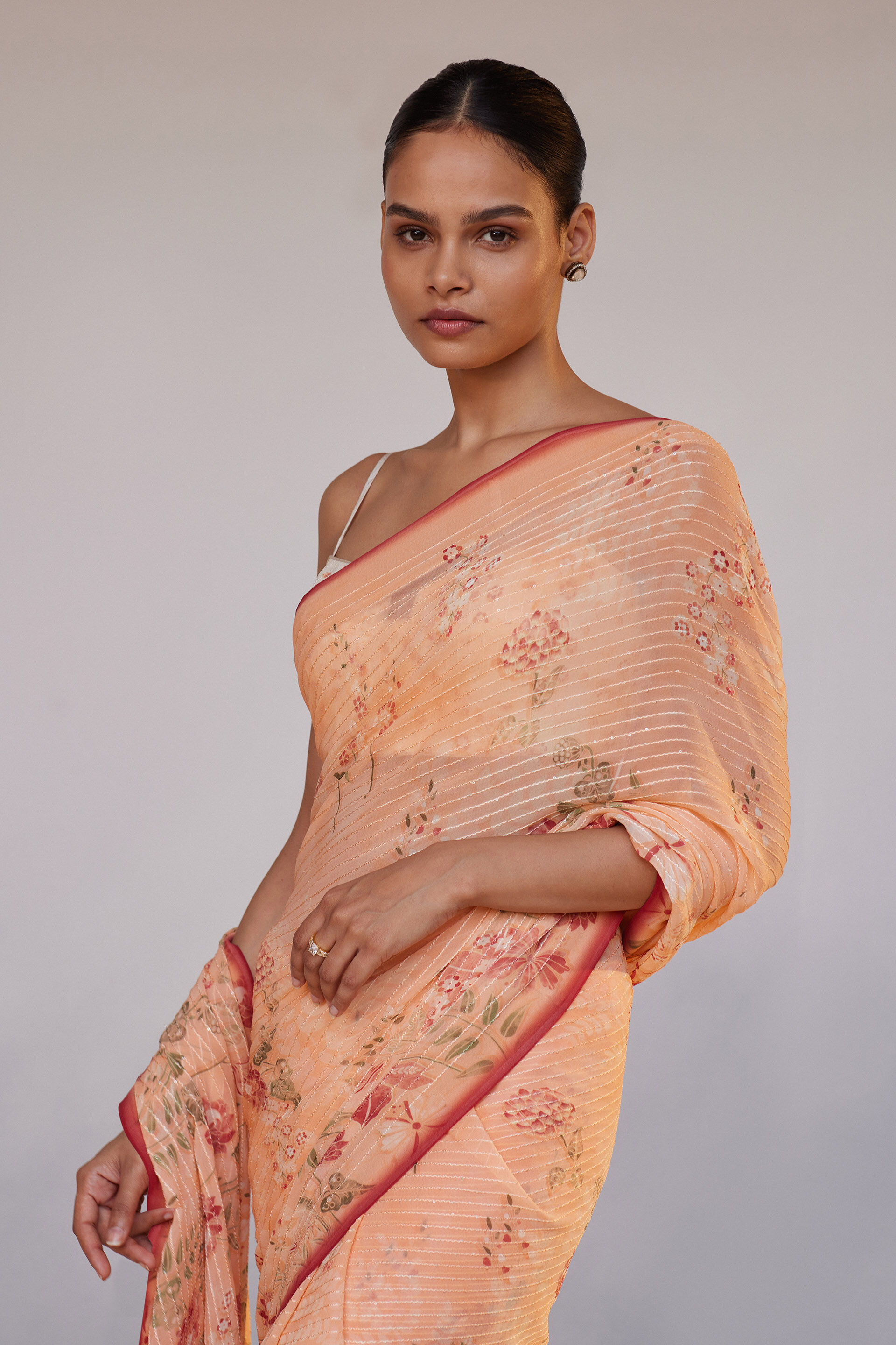 Calfuray Saree Set - Peach, Peach, image 5