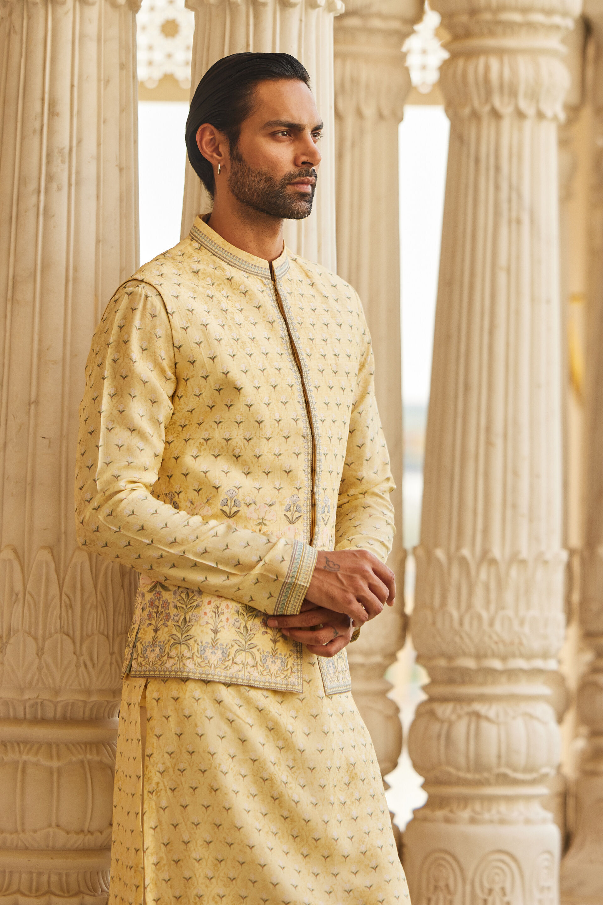 Bourag Silk Nehru Jacket - Yellow, Yellow, image 5