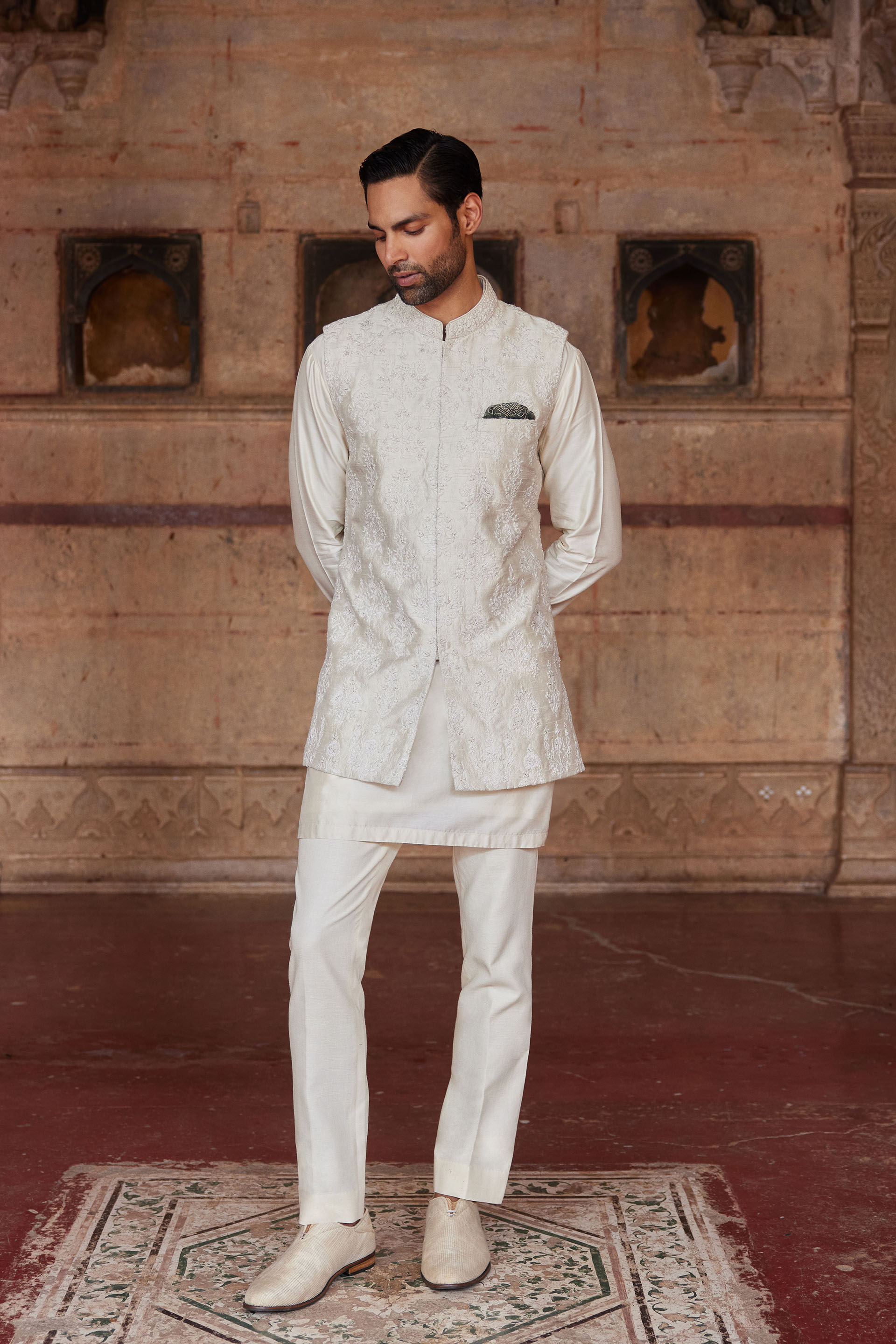 Palaksh Hand-embroidered Silk Nehru Jacket - Ivory