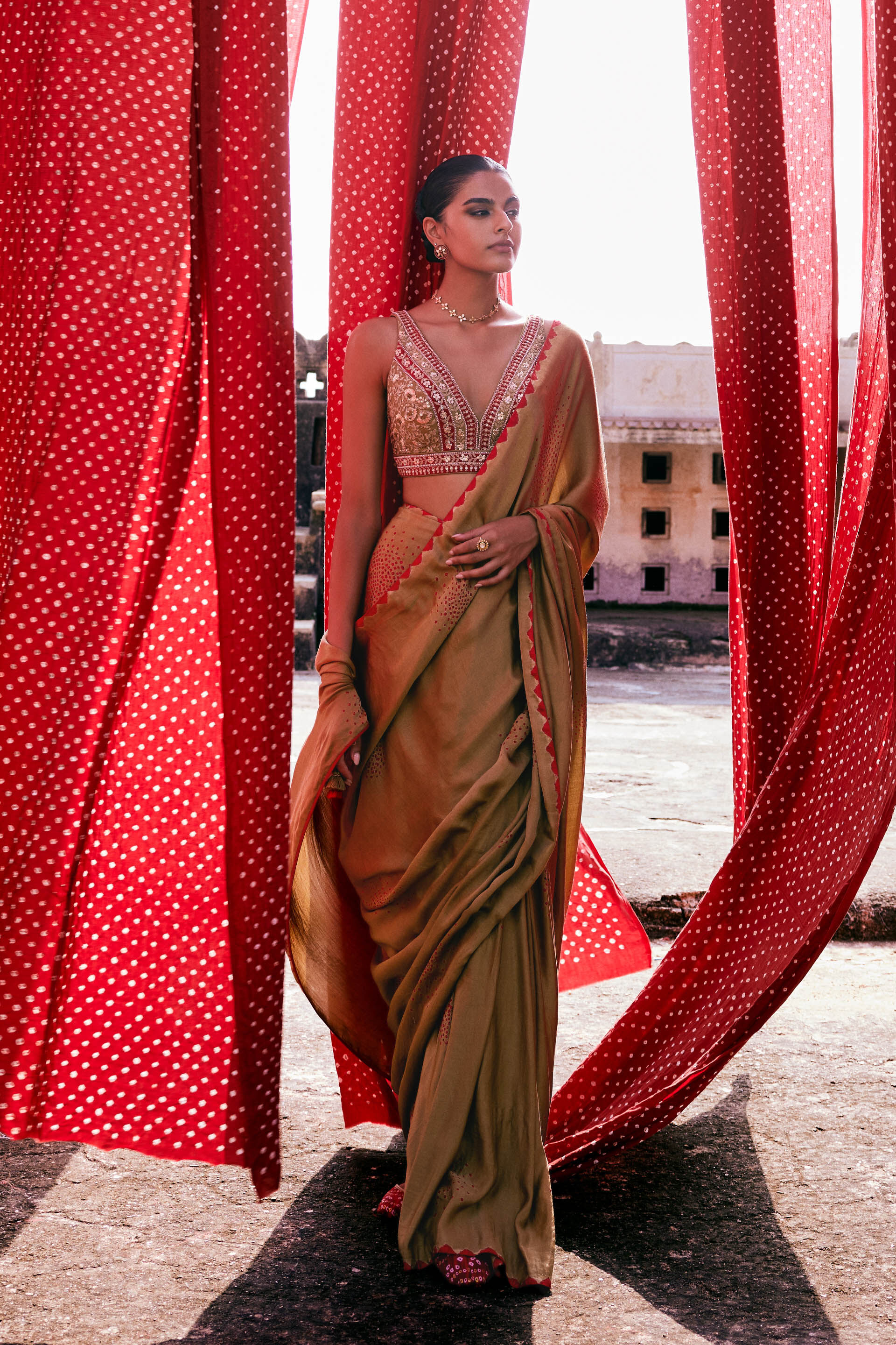 Maywa Handcrafted Bandhani Silk Pre-draped Saree - Olive