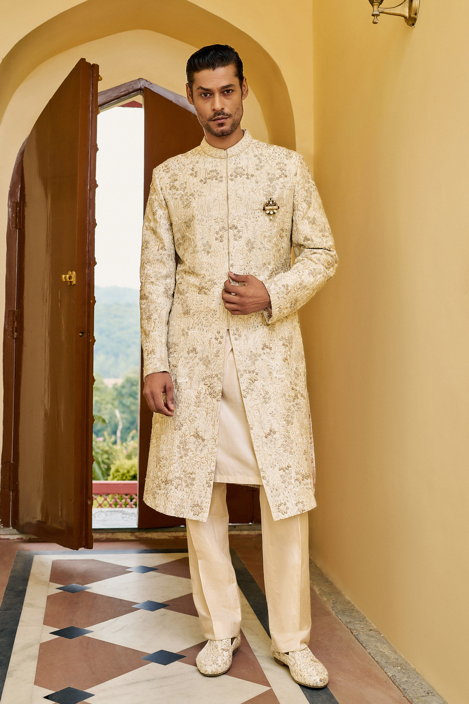 Shahzain Embroidered Silk Sherwani - Ivory