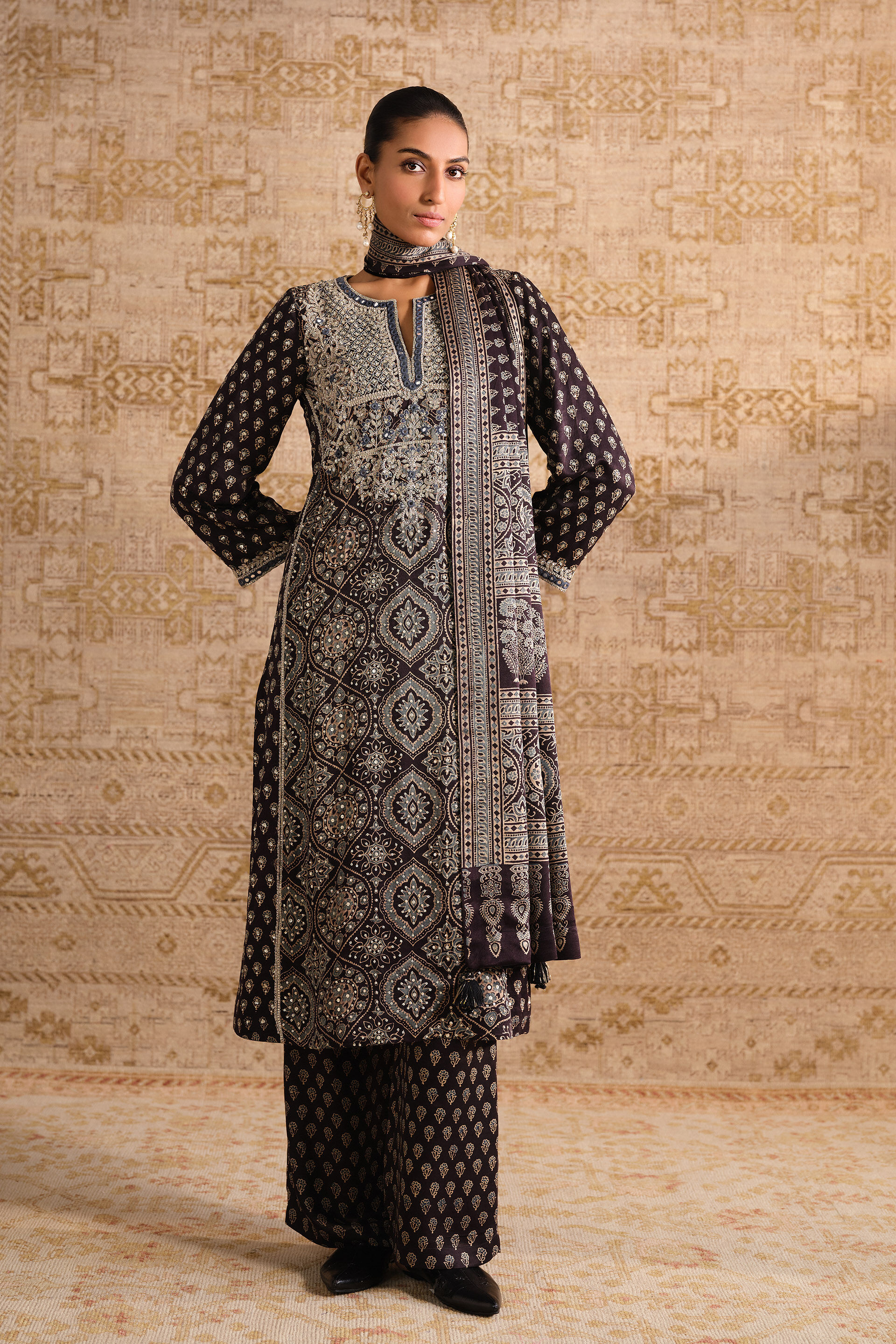 Riyal Ajrakh Hand-block Printed Silk Suit Set - Black