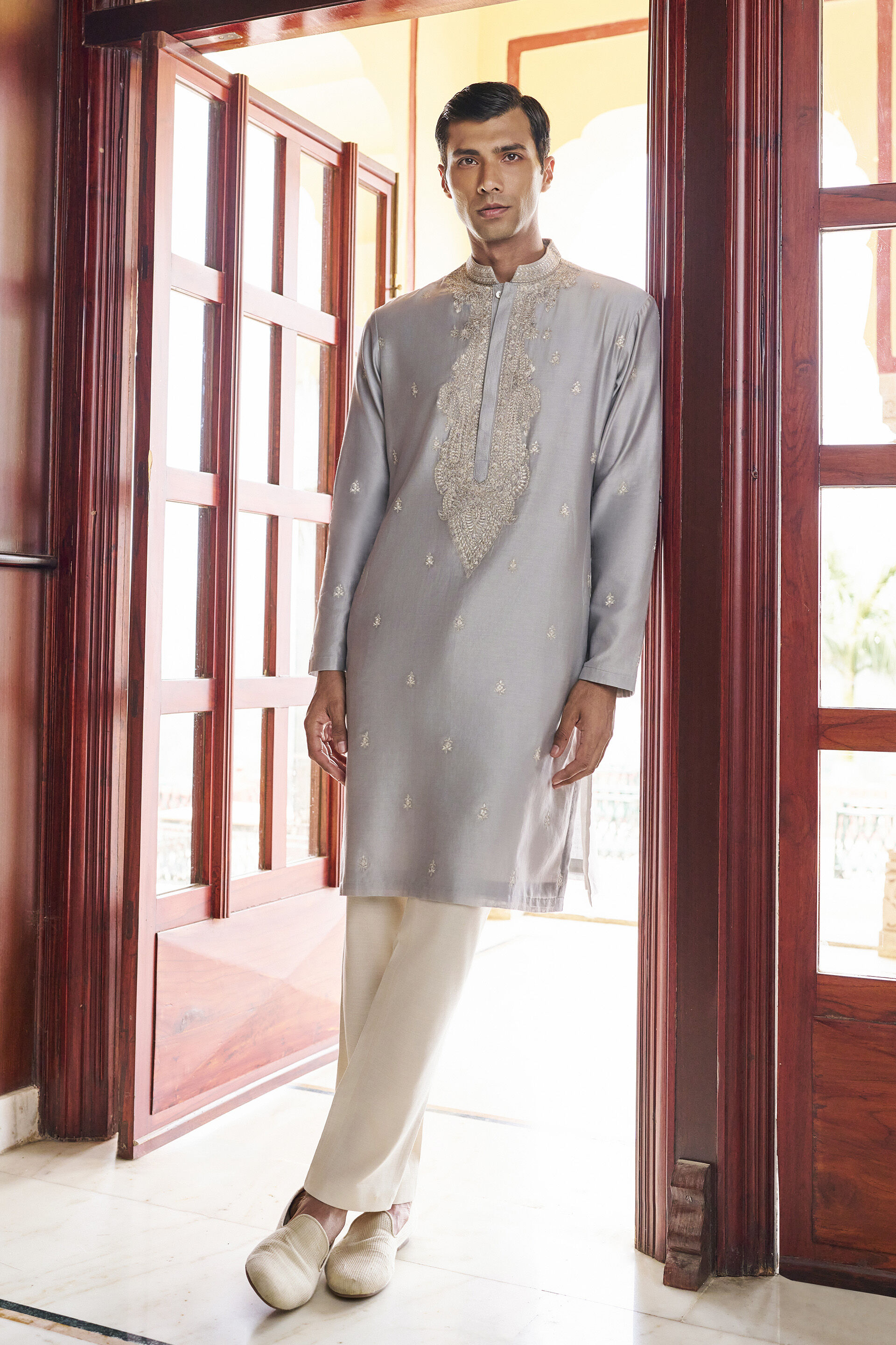 Serene Embroidered Mul Kurta - Grey, Grey, image 1