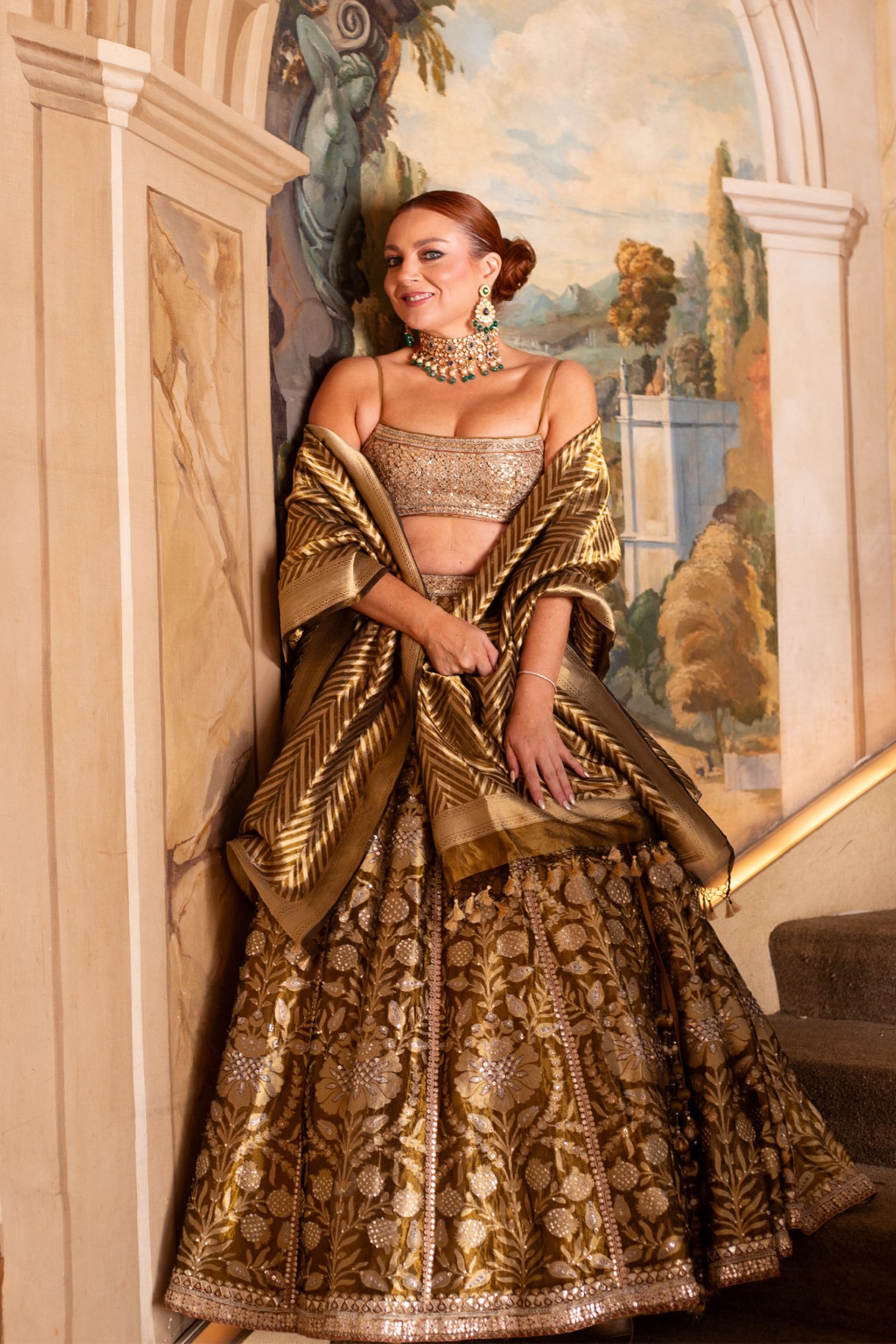 Adveka Handwoven Benarasi Silk Lehenga Set - Olive, , image 4