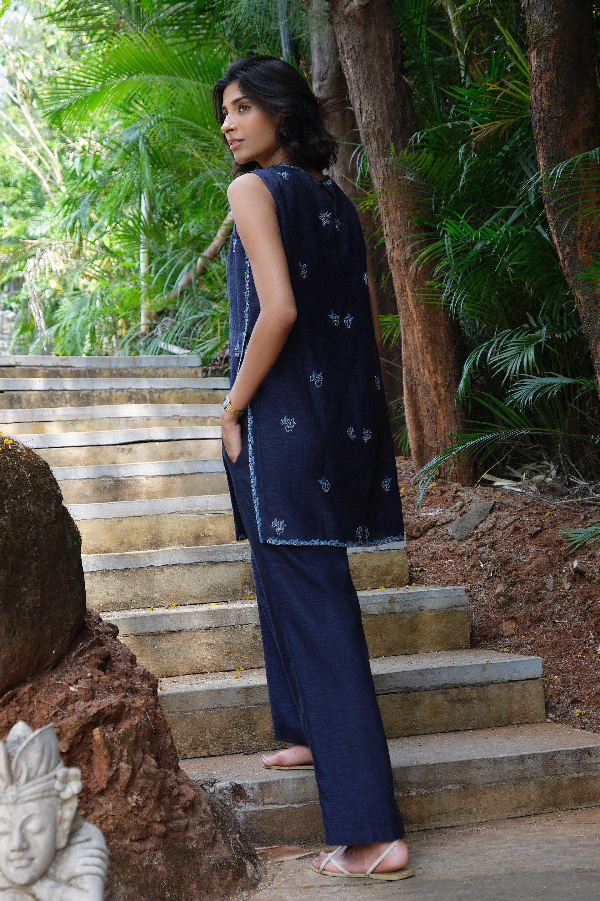 Folia Hand-embroidered Kantha Co-ord - Indigo, Indigo, image 4