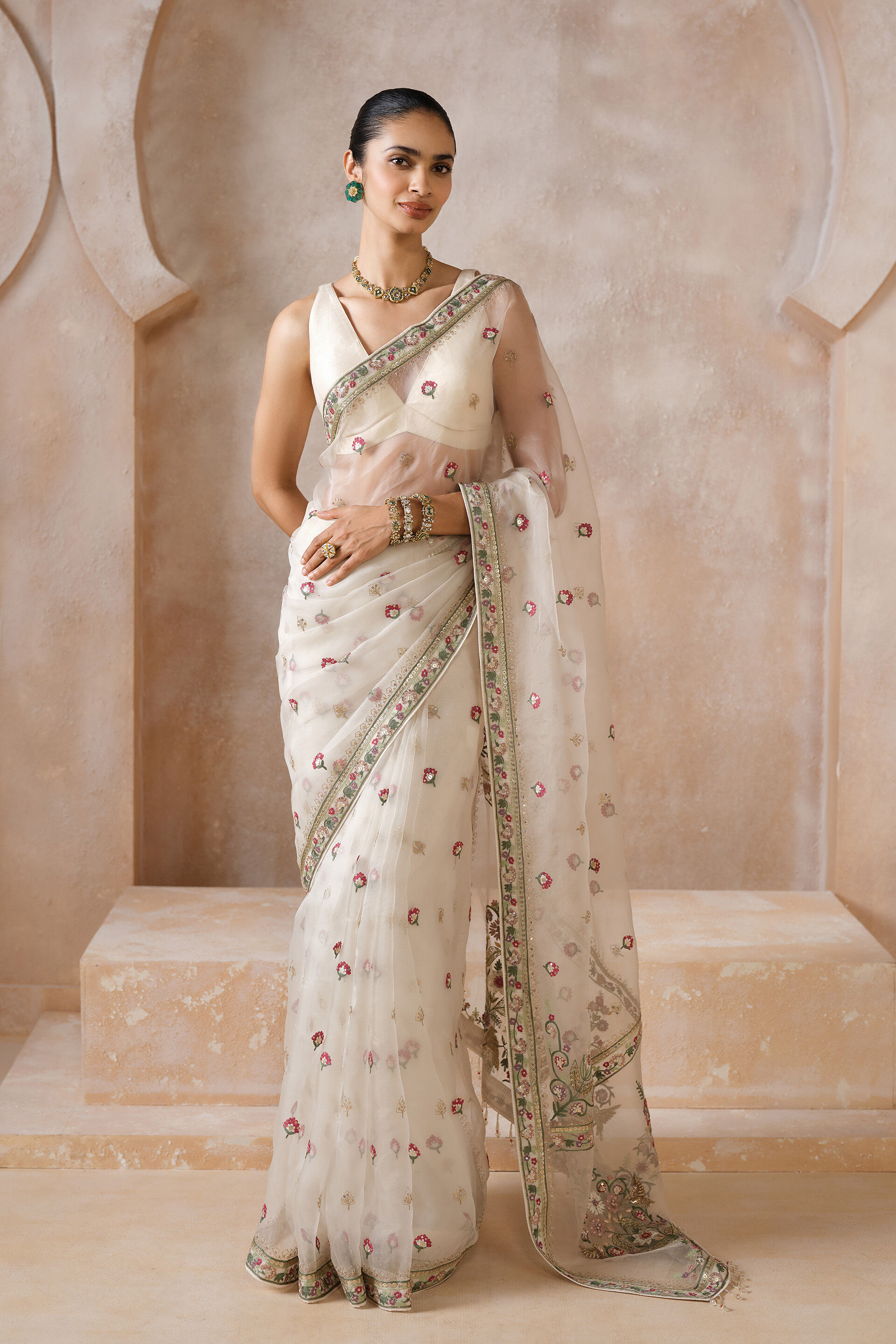 Anaysha Embroidered Silk Saree Set - Ivory