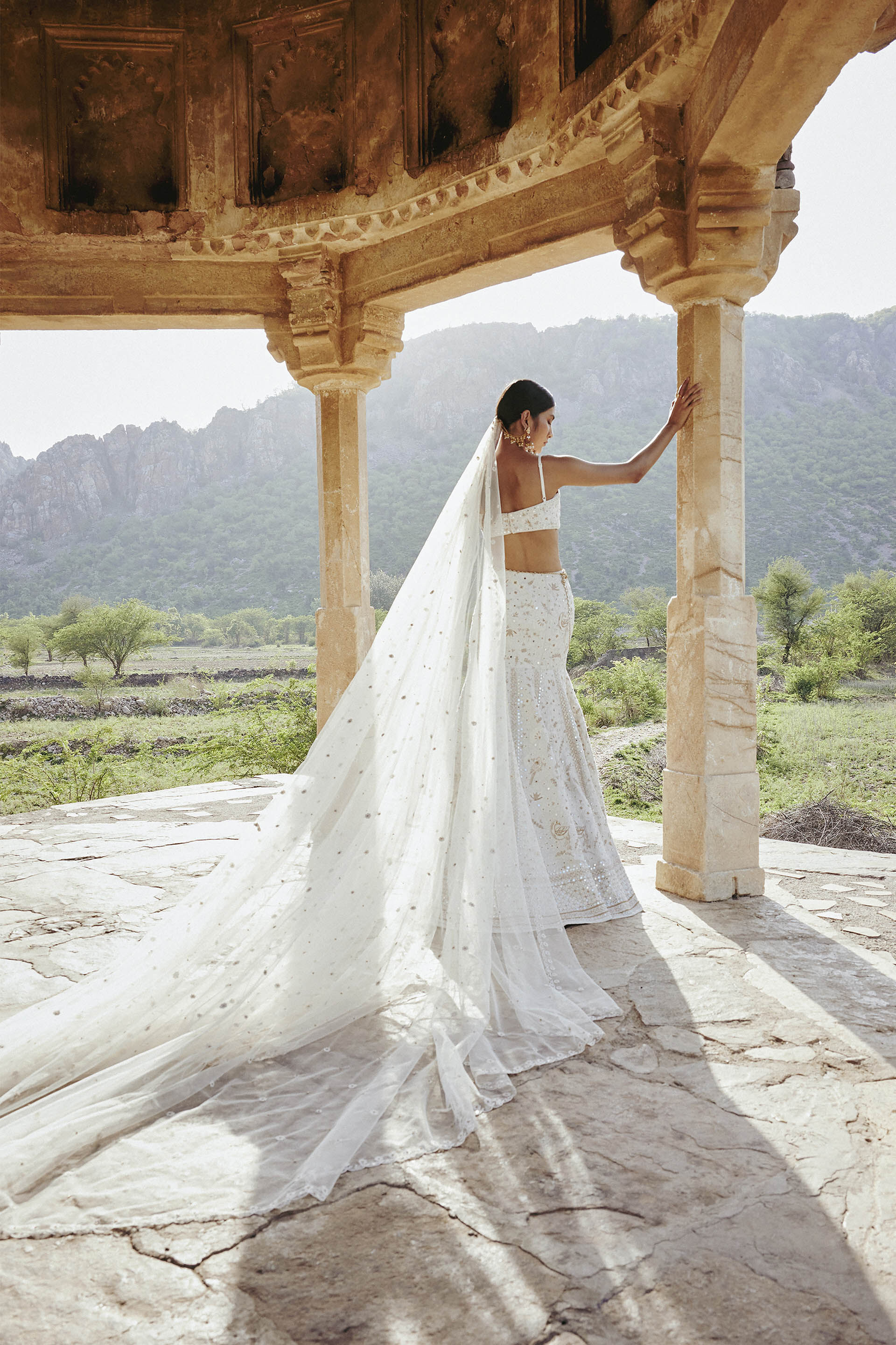 Nayaab Mirror & Zardozi Silk Skirt Set - Ivory, Ivory, image 3