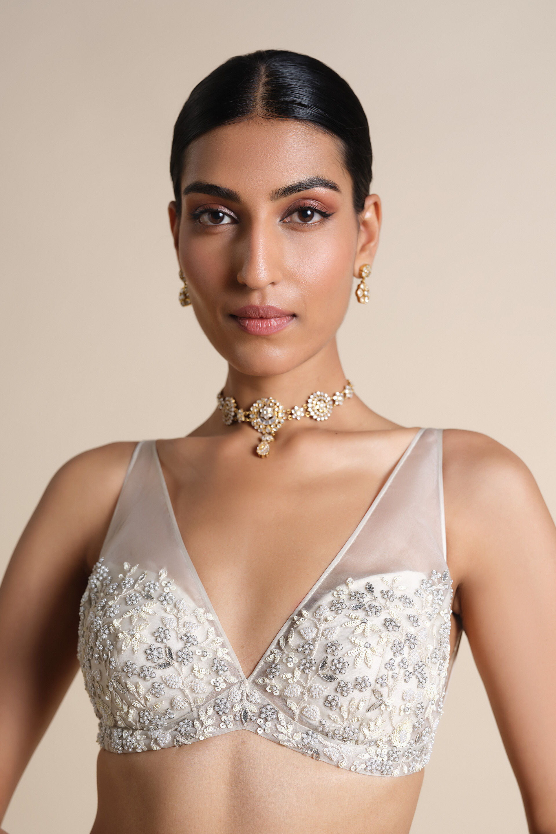 Waterway Embroidered Silk Choli - Ivory