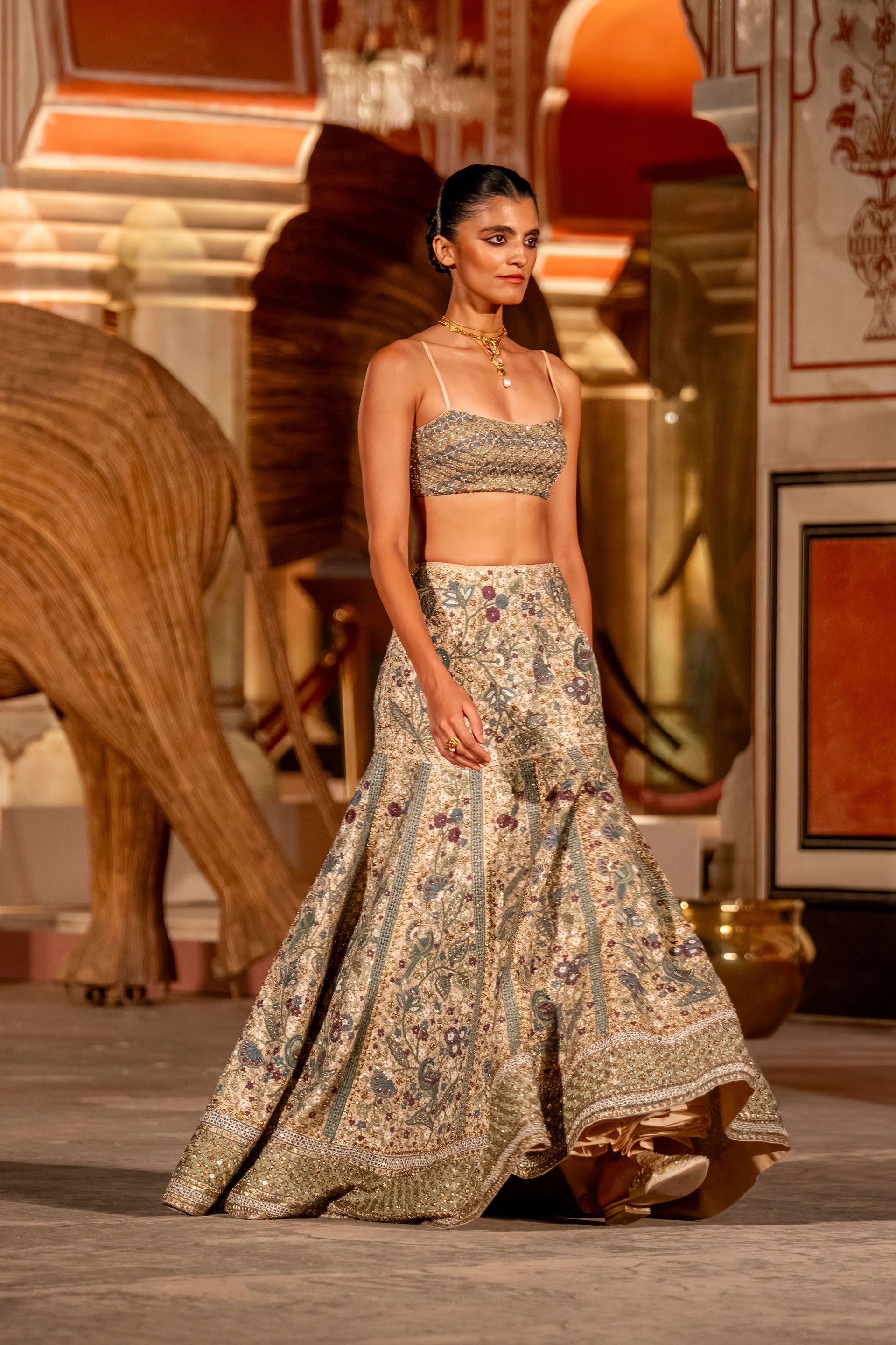 Harmony Of The Forest Embroidered Zardozi Skirt Set - Gold, Gold, image 4