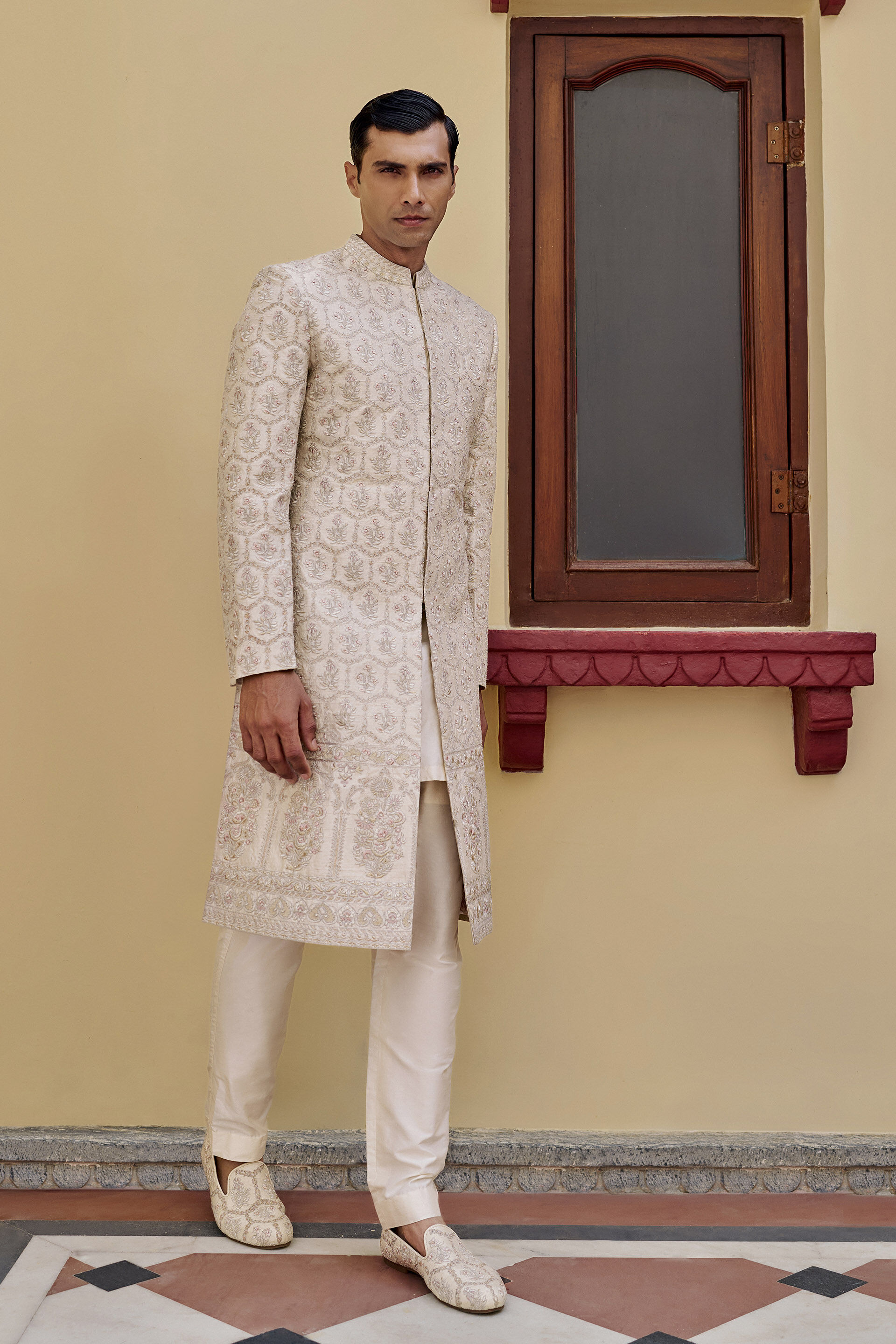 Resonance Embroidered Silk Sherwani - Ivory, Ivory, image 1