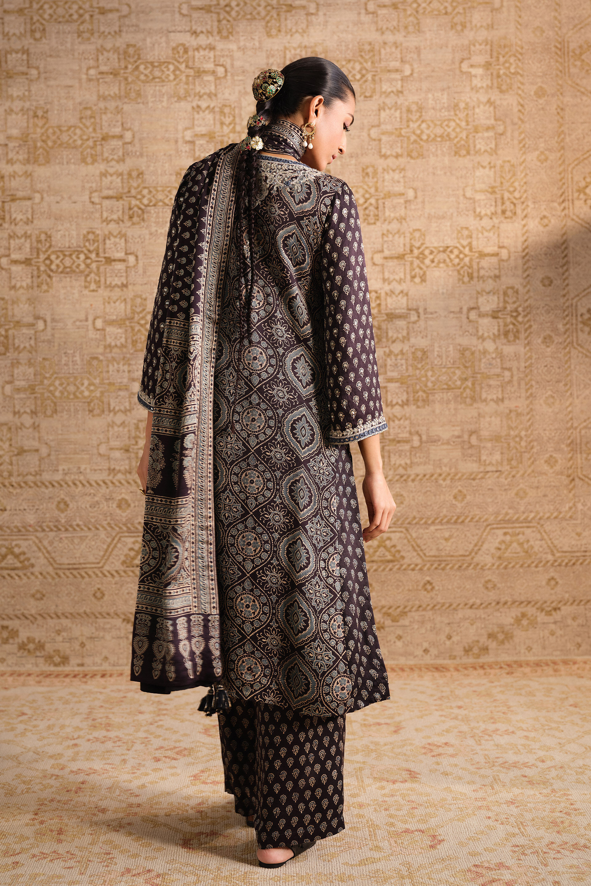 Riyal Ajrakh Hand-block Printed Silk Suit Set - Black