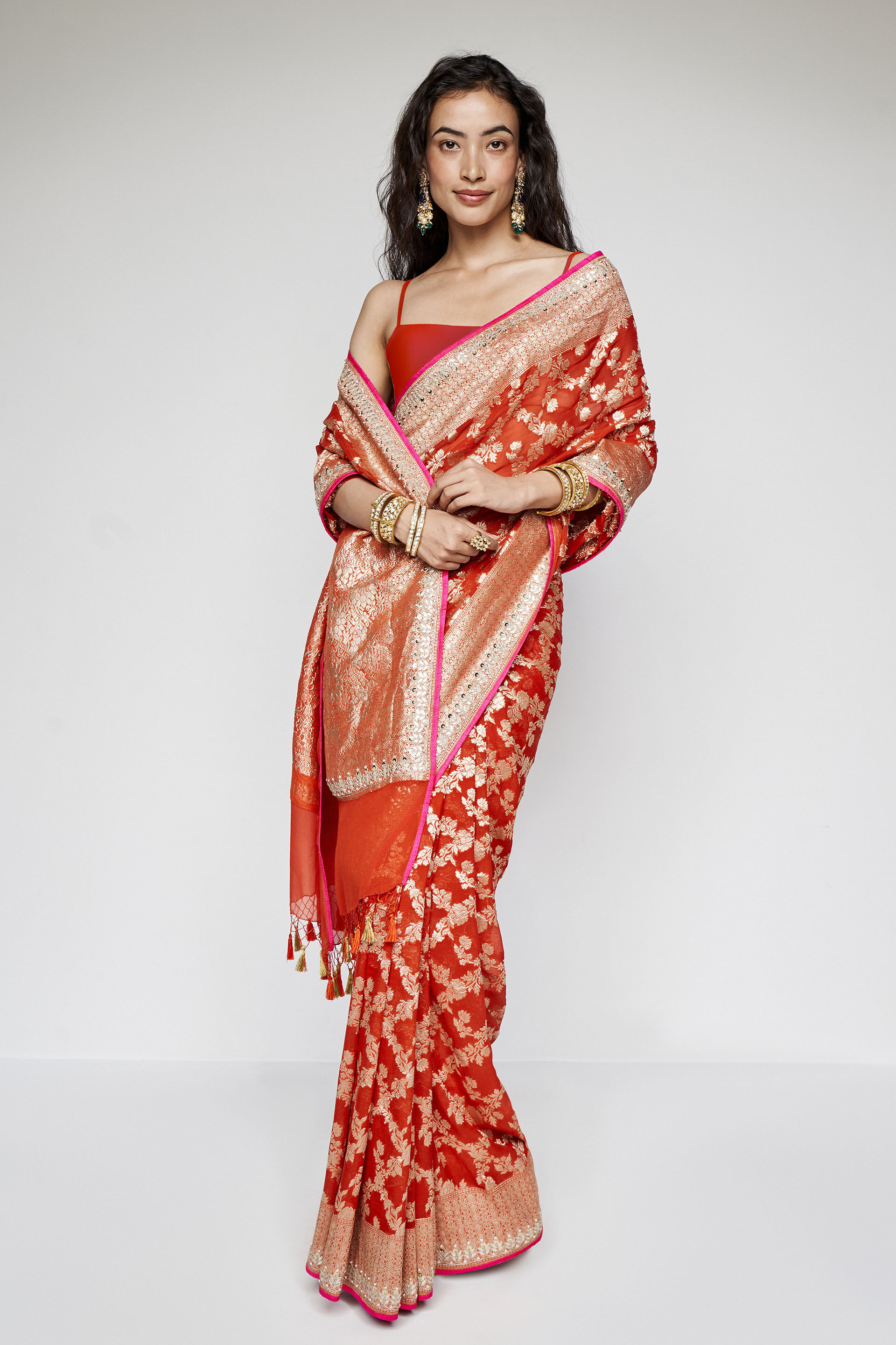 Nazaha Benarasi Silk Embroidered Saree - Orange, Orange, image 1