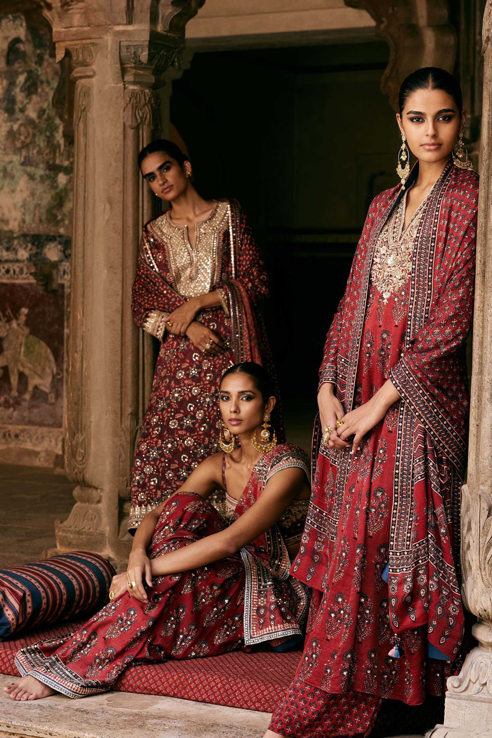 Saaj Ajrakh Hand-block Printed Silk Suit Set - Red, Red, image 3