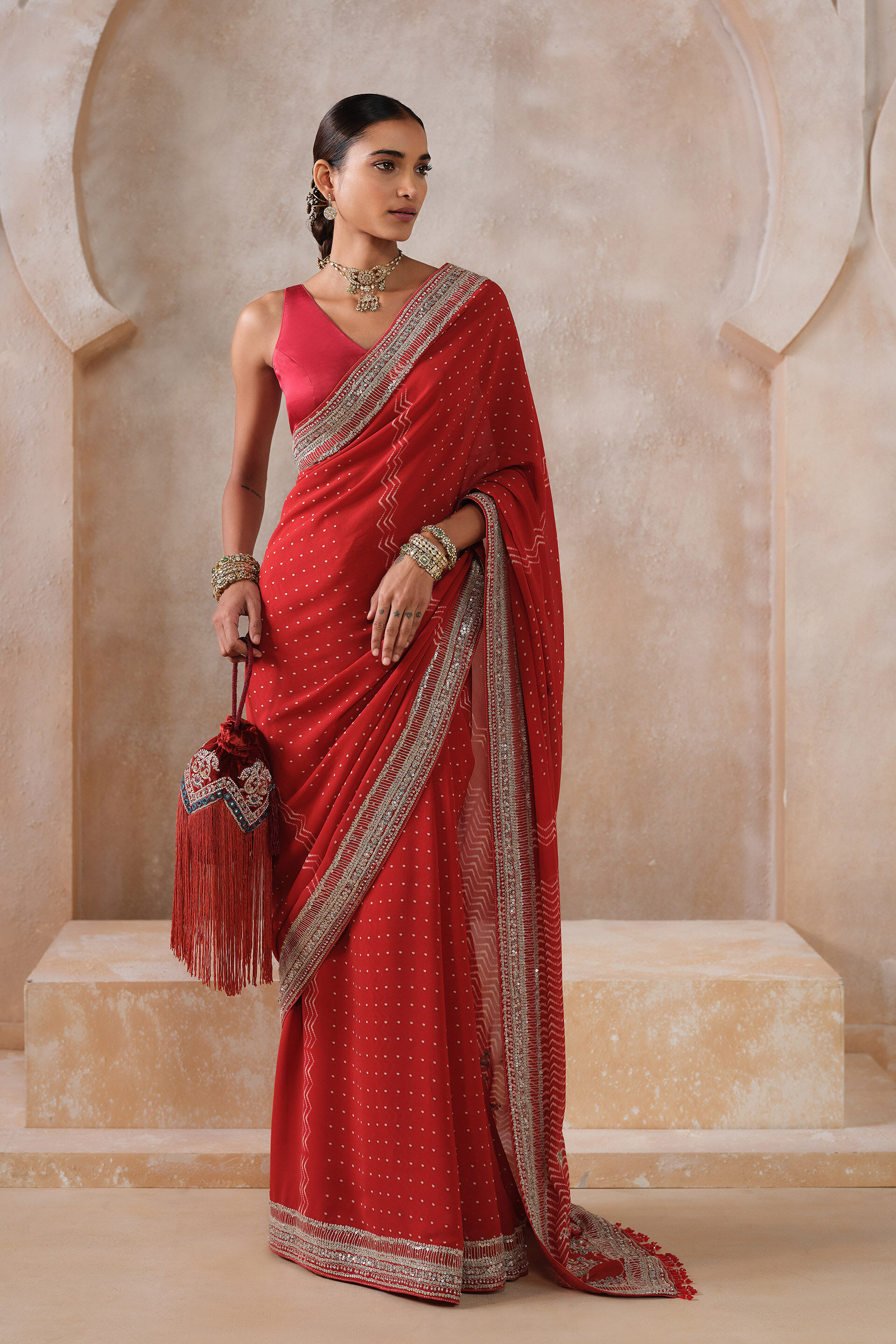 Afruza Embroidered Georgette Saree - Red