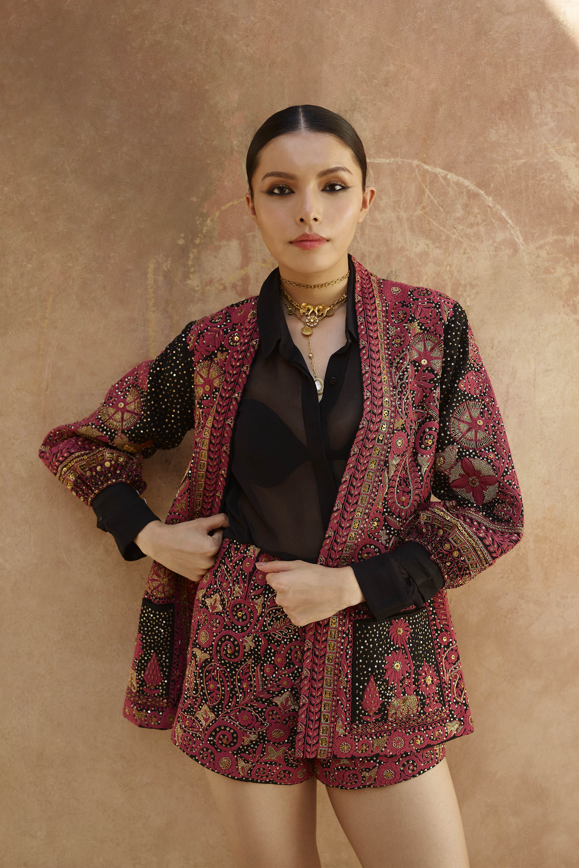 Nocturnal Wilderness Zardozi & Embroidered Cord Silk Jacket Set - Black, Black, image 3