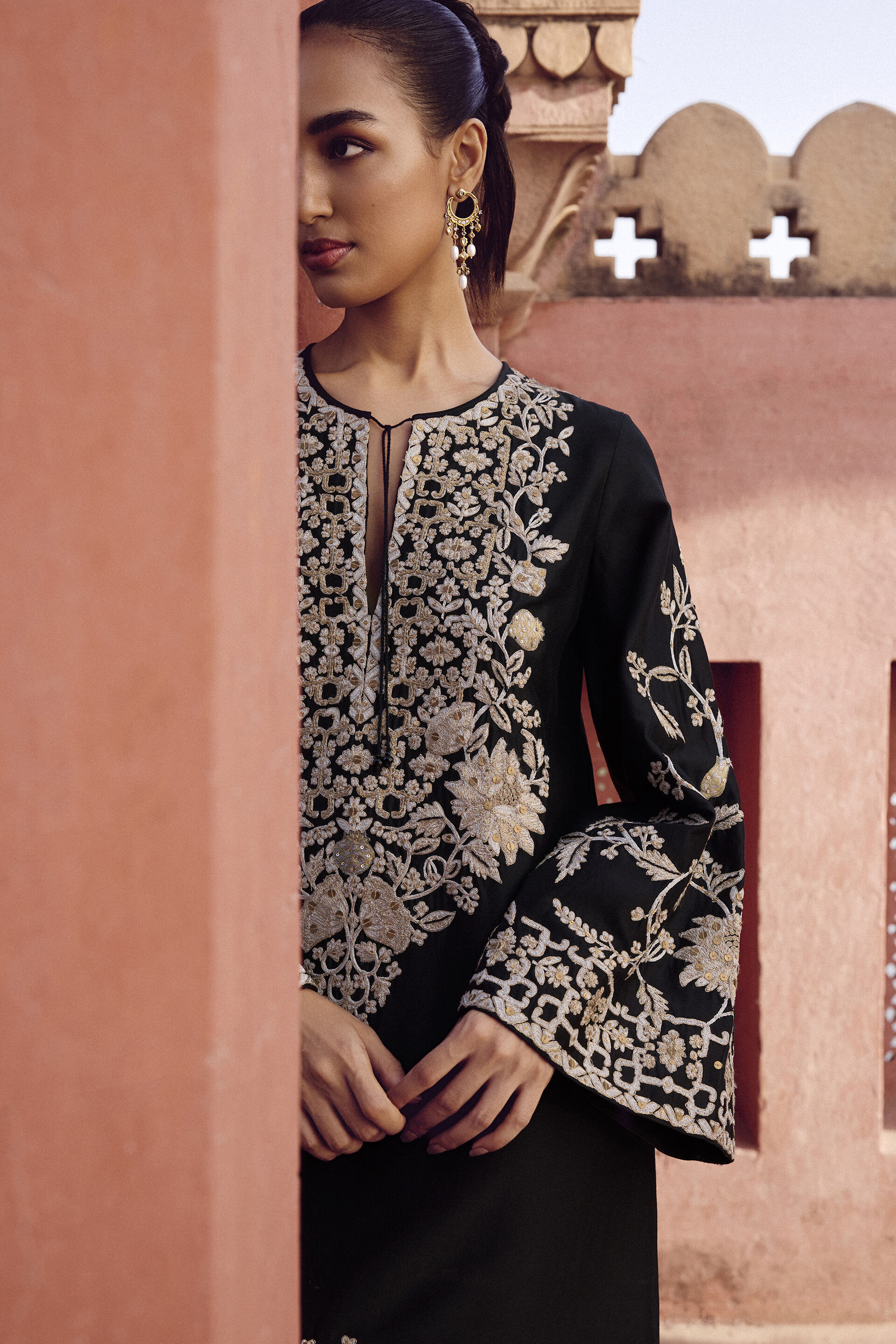 Samara Embroidered Silk Kaftan - Black, Black, image 4