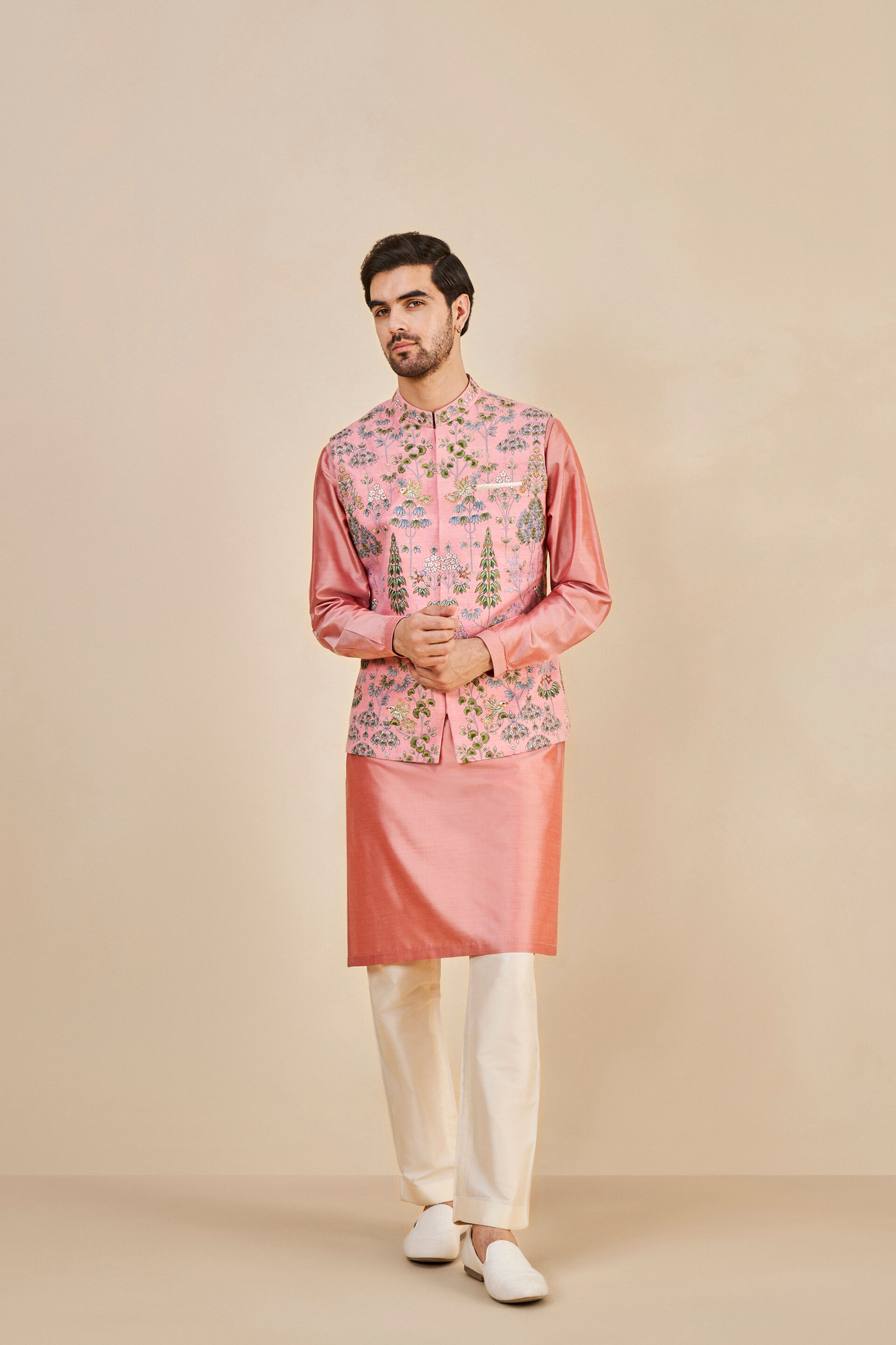 Nalesh Hand-painted Pichhwai Silk Nehru Jacket - Pink