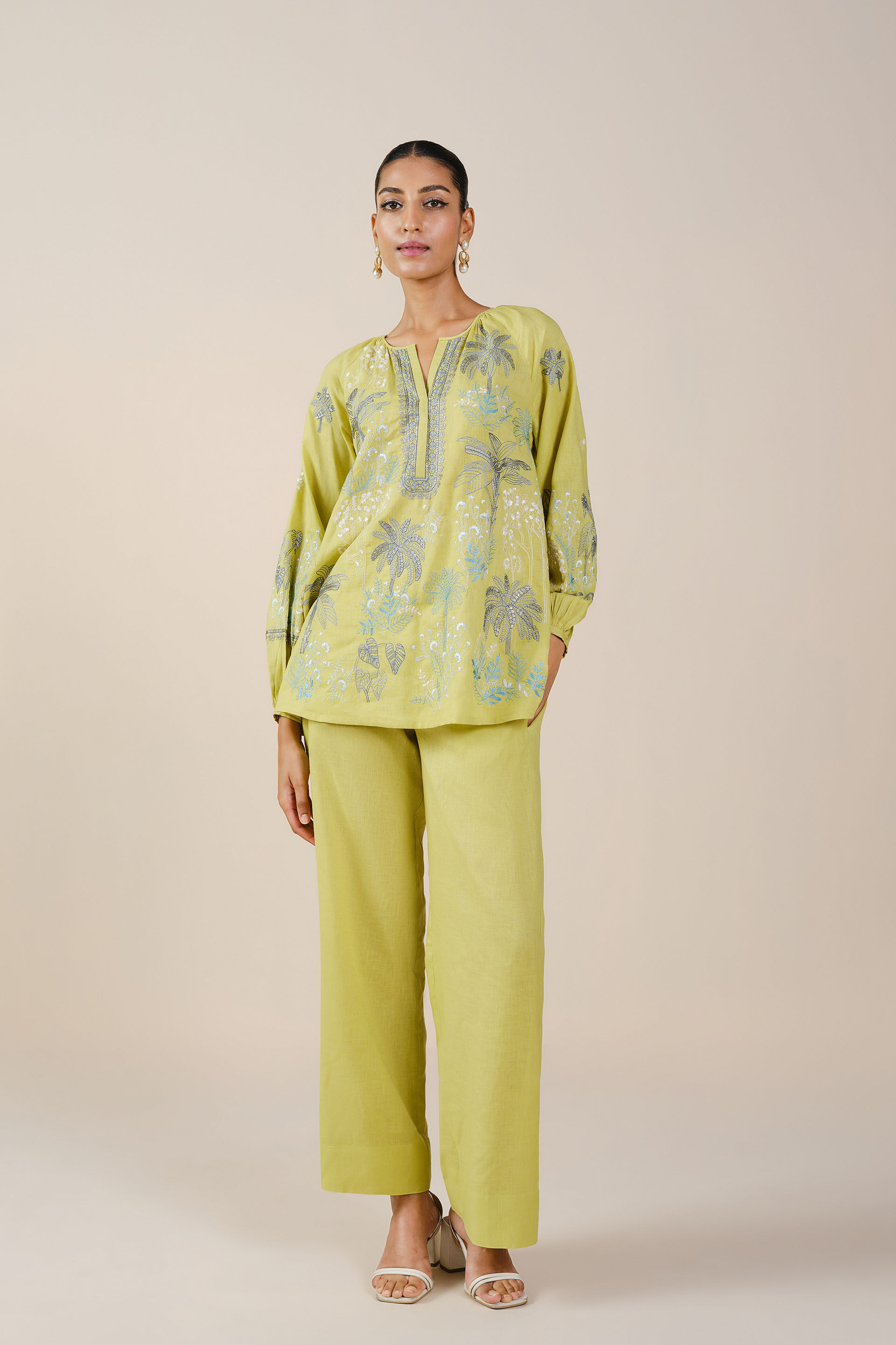 Pelagia Embroidered Linen Coord - Lime, Lime, image 1
