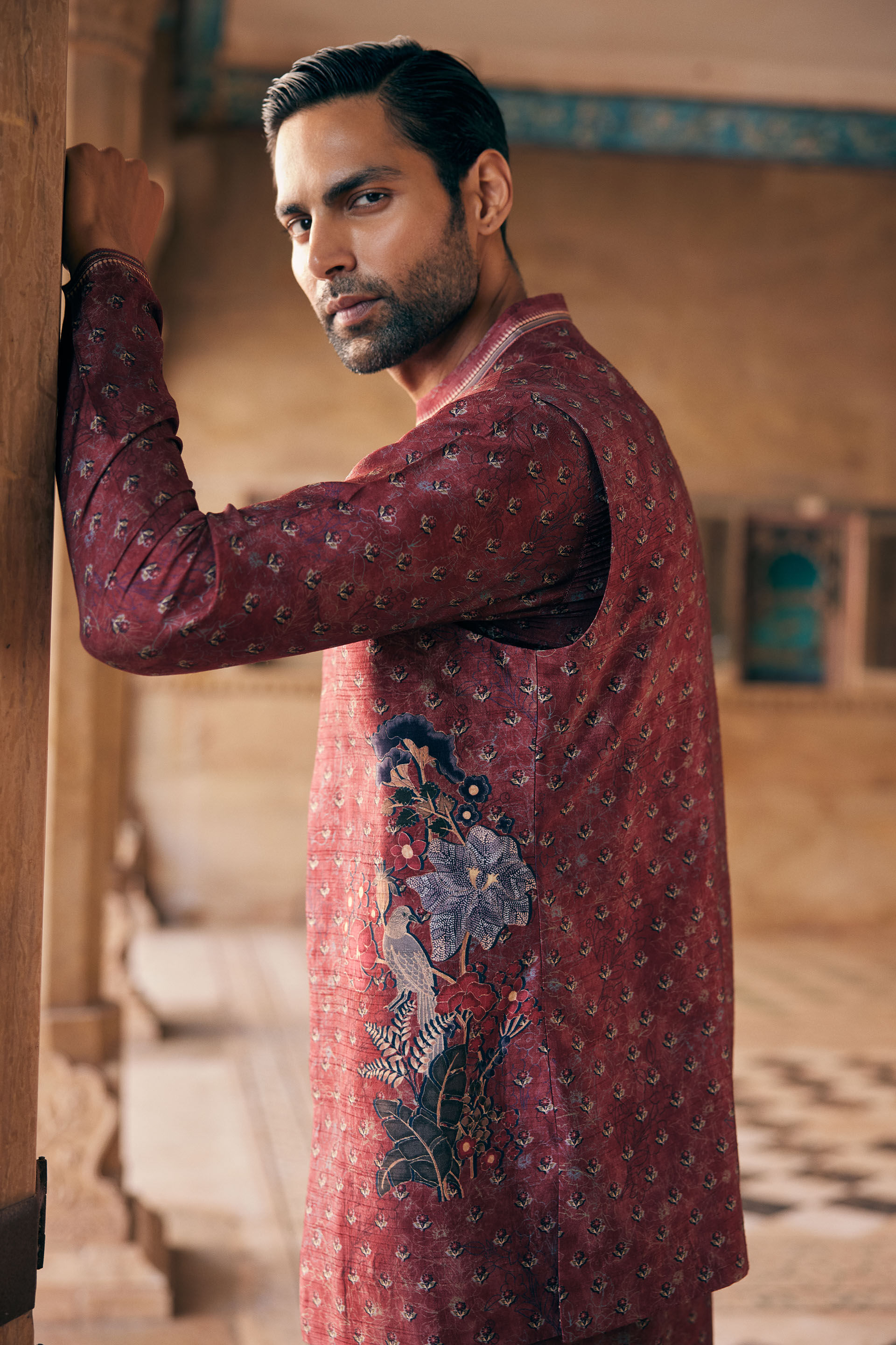 Humair Printed Silk Nehru Jacket - Maroon, Maroon, image 7