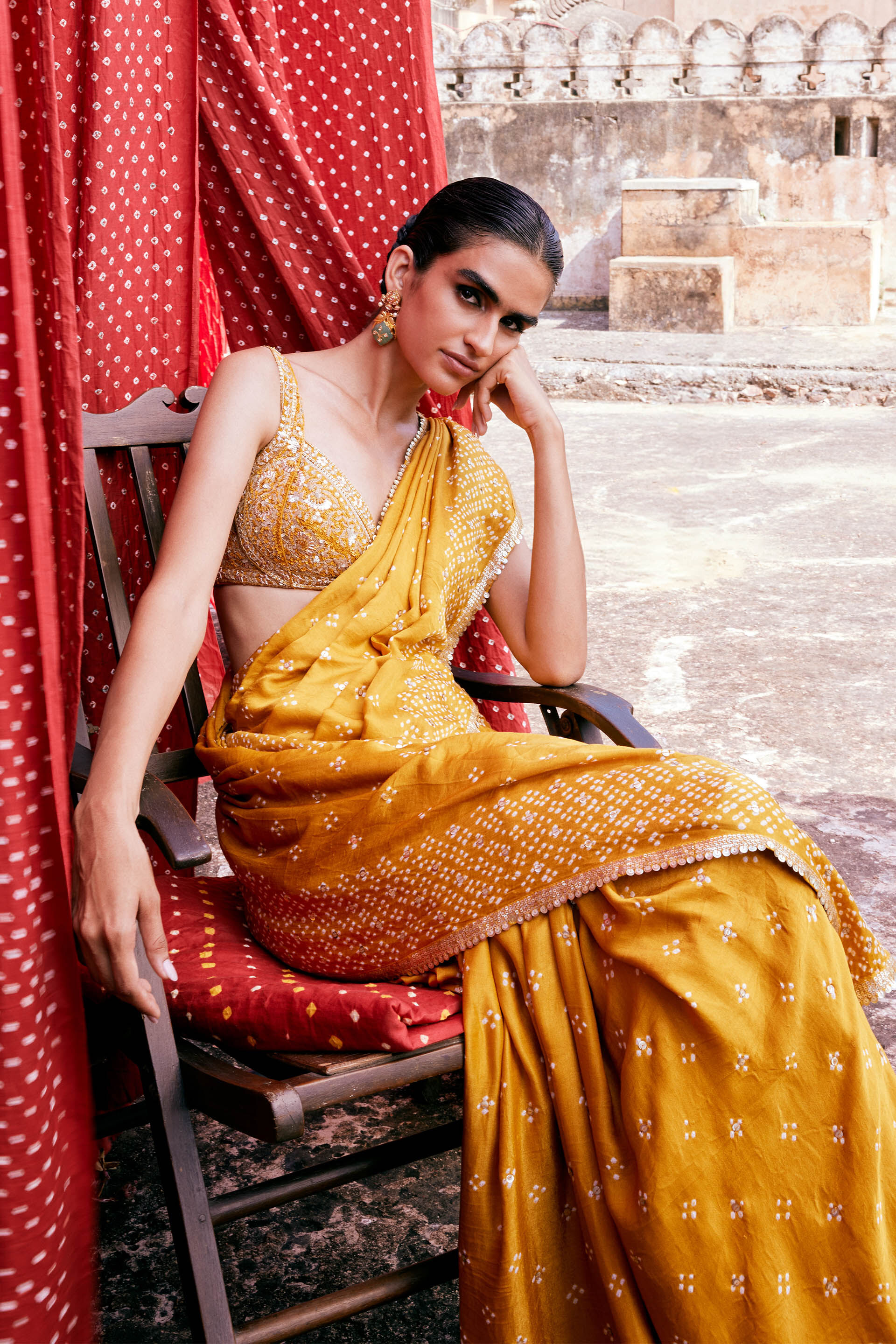 Bahi Handcrafted Bandhani Silk Saree - Mustard, Mustard, image 4