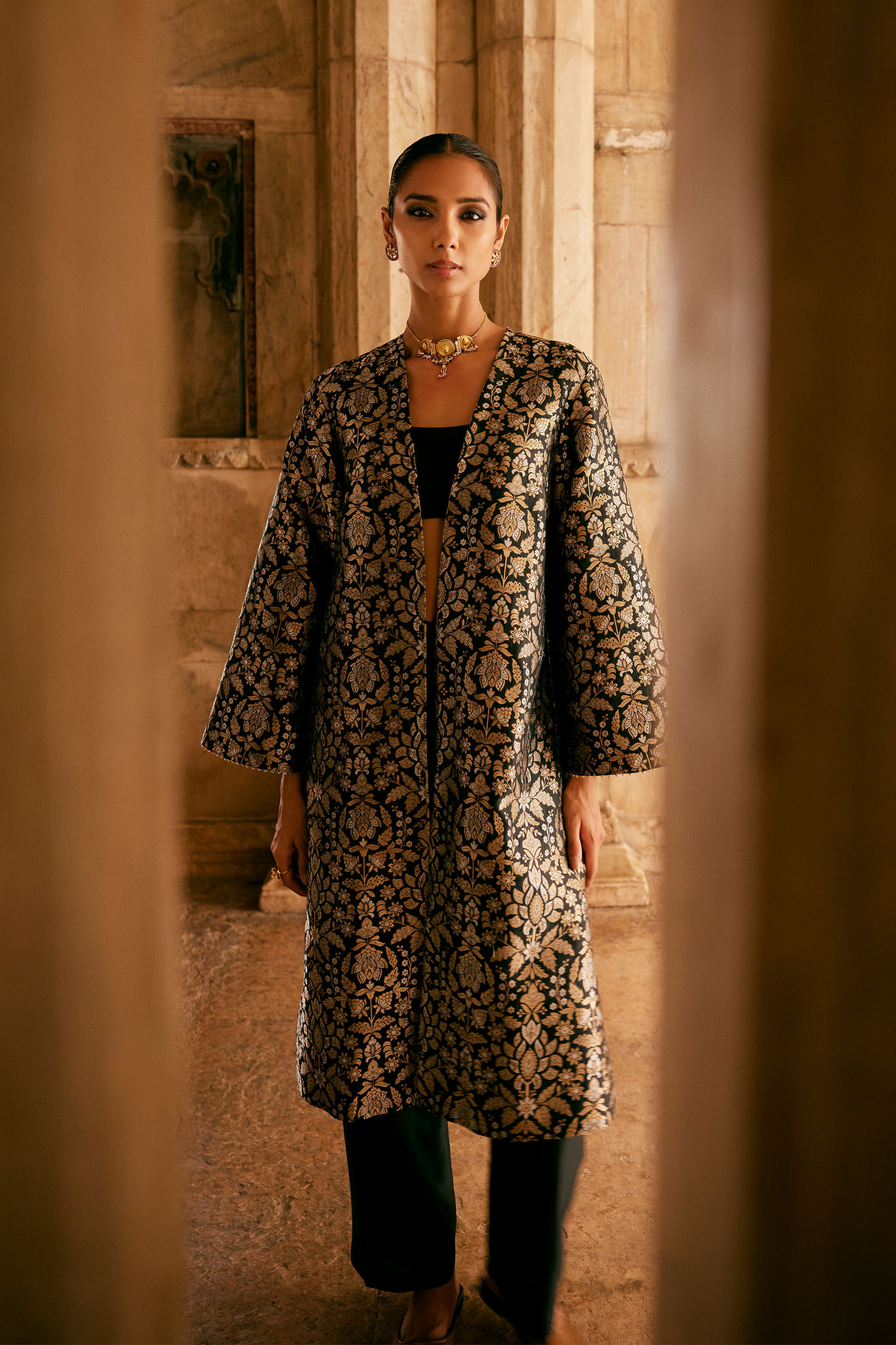 Tamadur Handwoven Benarasi Silk Jacket Set - Black, Black, image 1