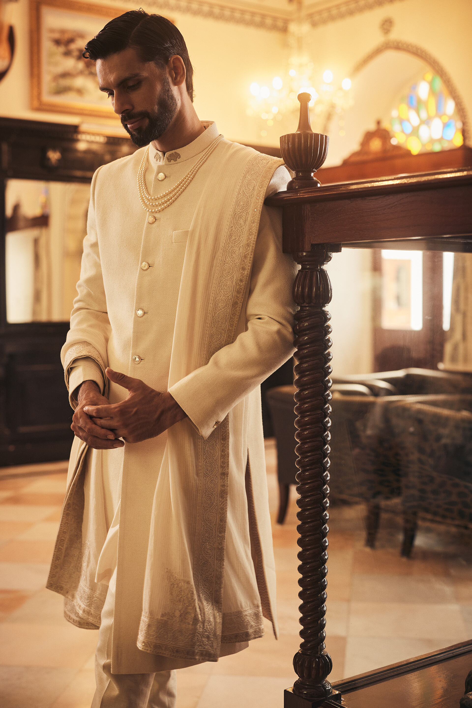 Shravas Silk Sherwani - Natural, Natural, image 4