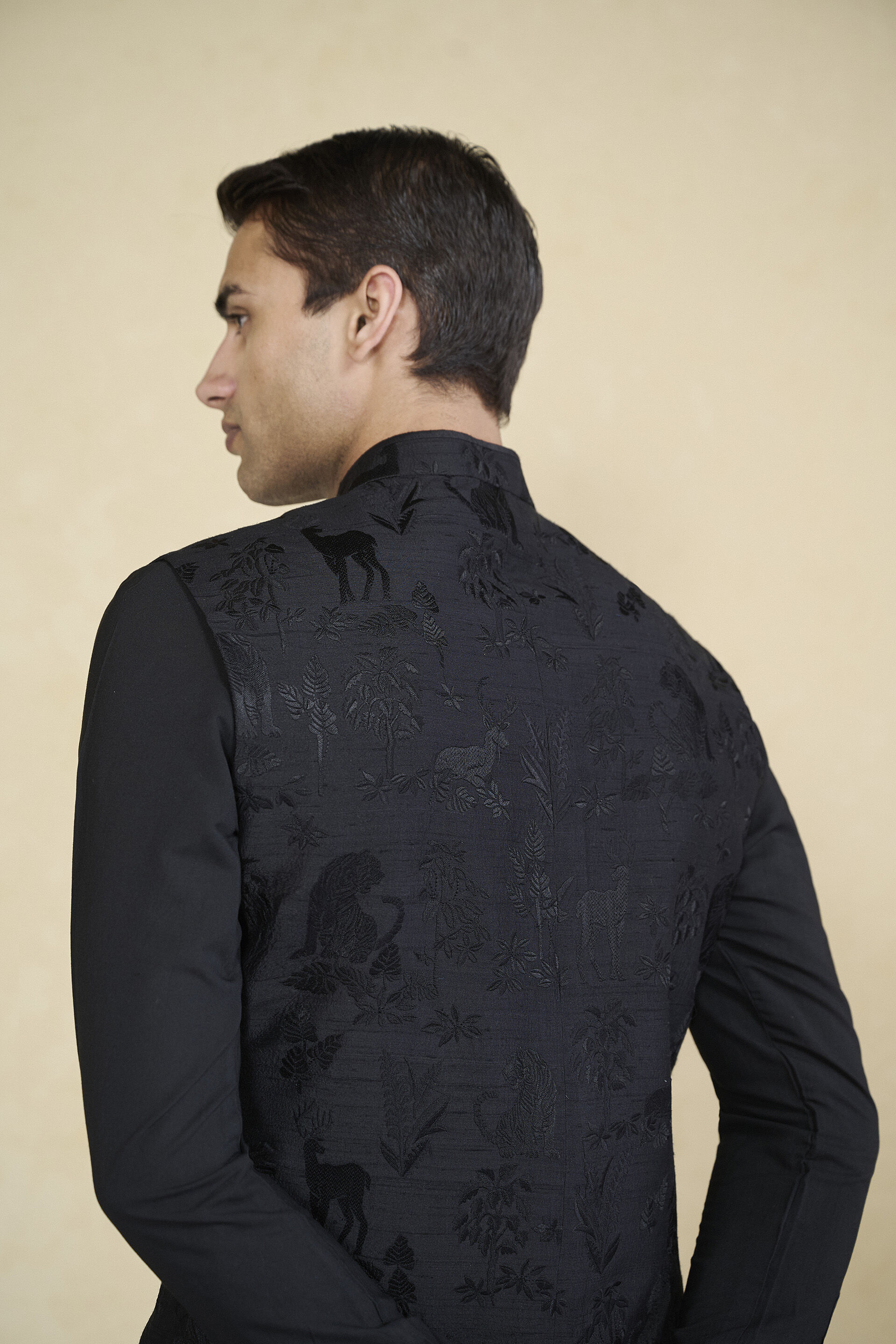 Atik Embroidered Silk Nehru Jacket - Black, Black, image 5