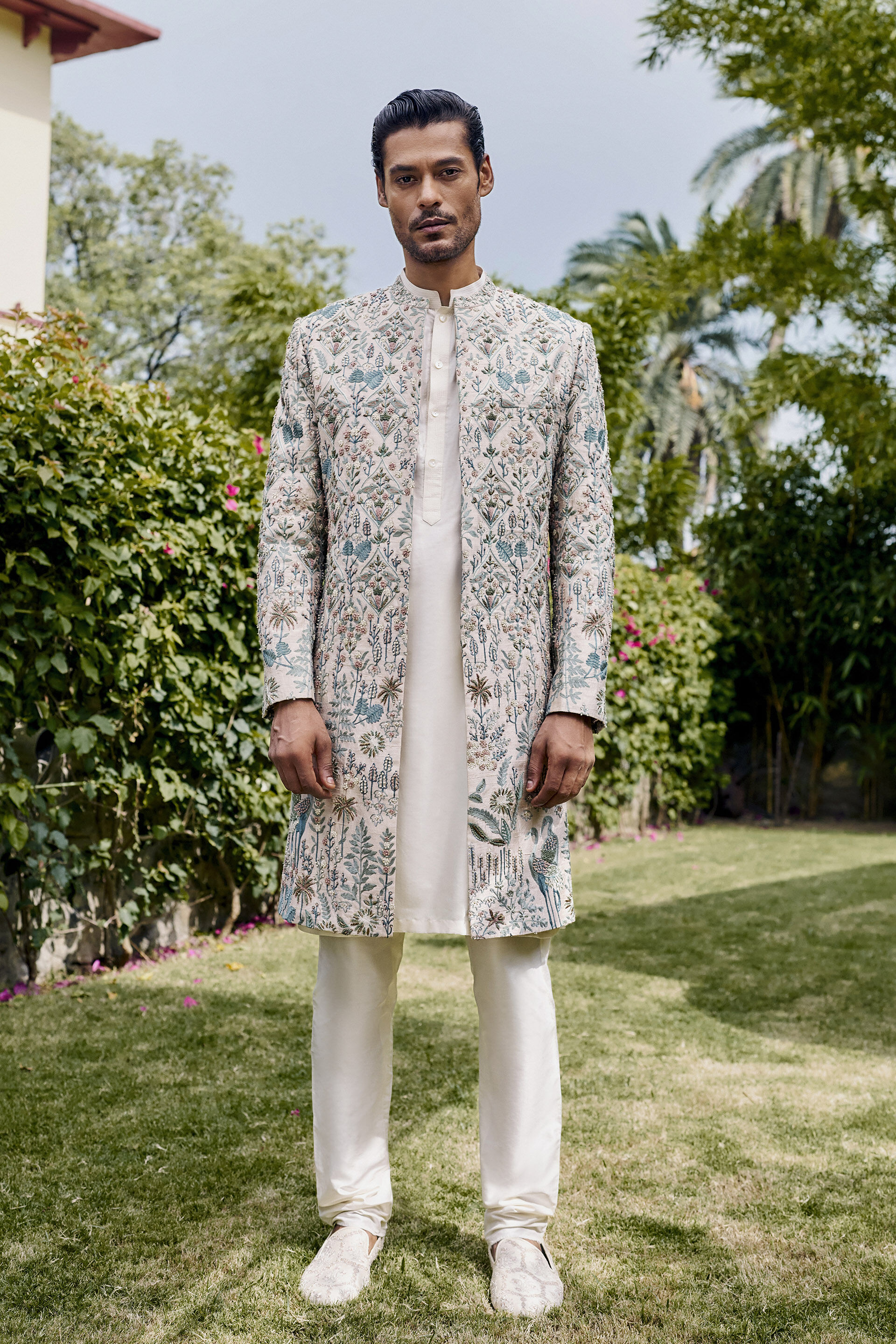 Almir Aari Embroidered Silk Sherwani - Champagne