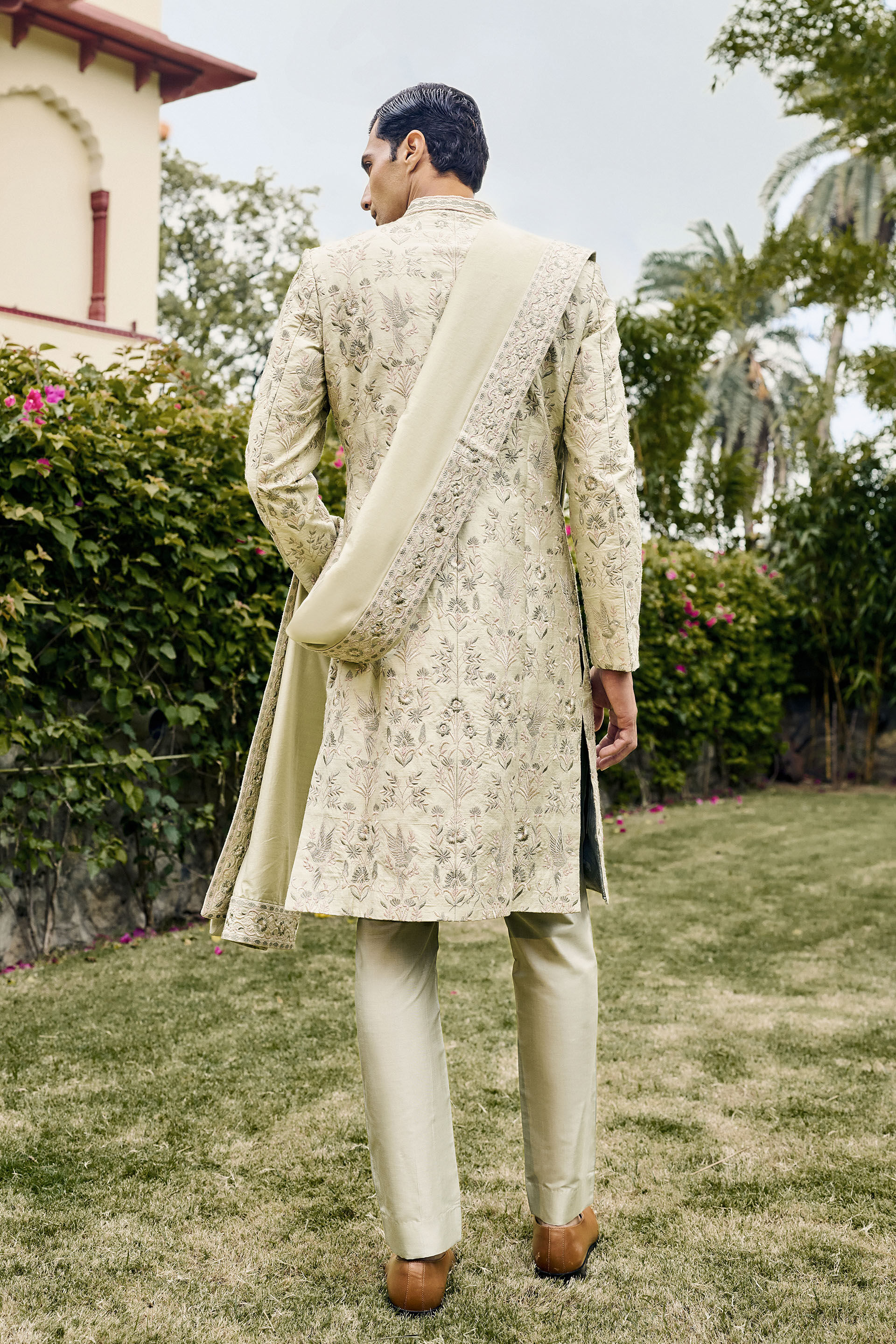 Kshiraj Embroidered Silk Sherwani - Sage