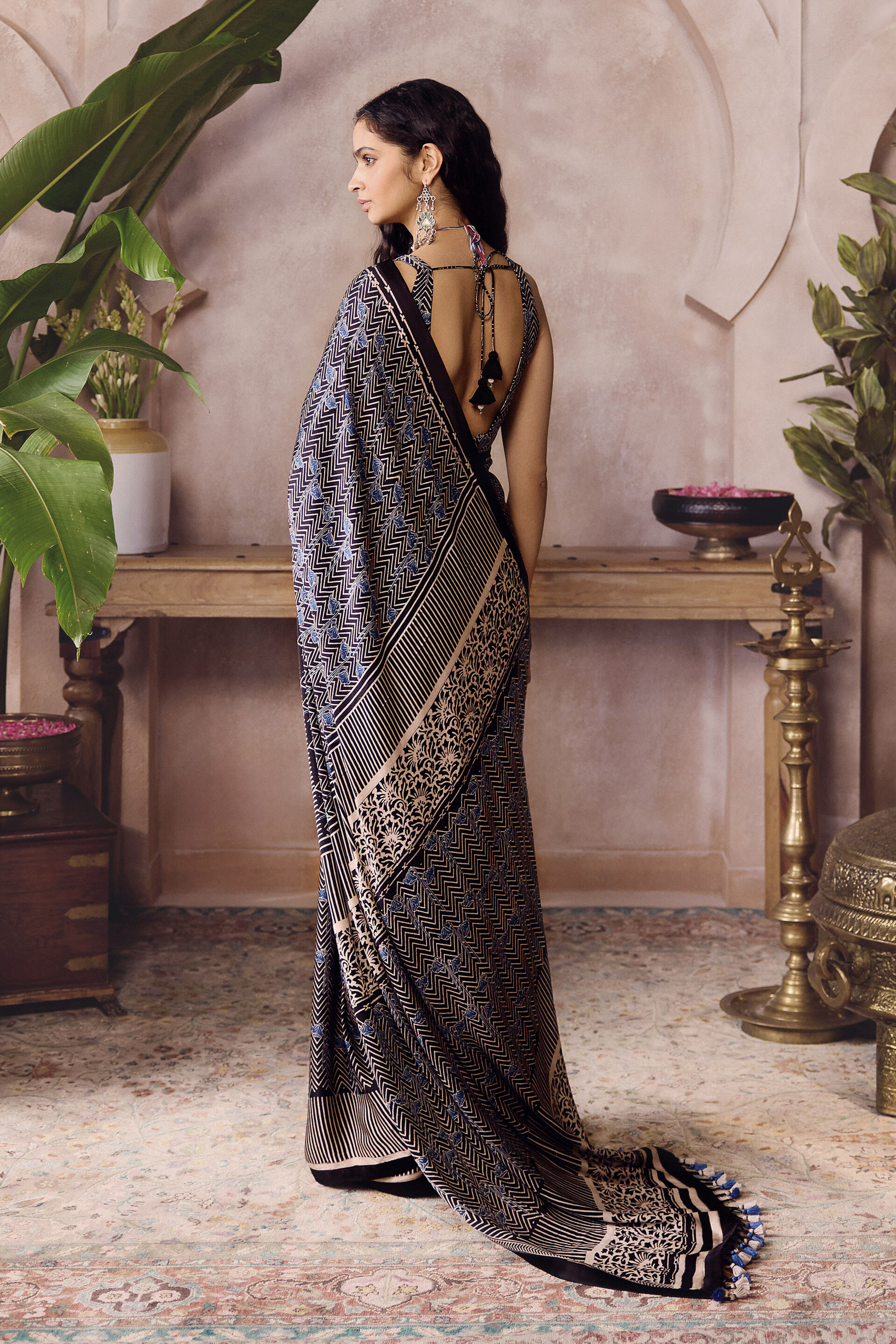 Brano Ajrakh Hand-block Printed Saree - Black
