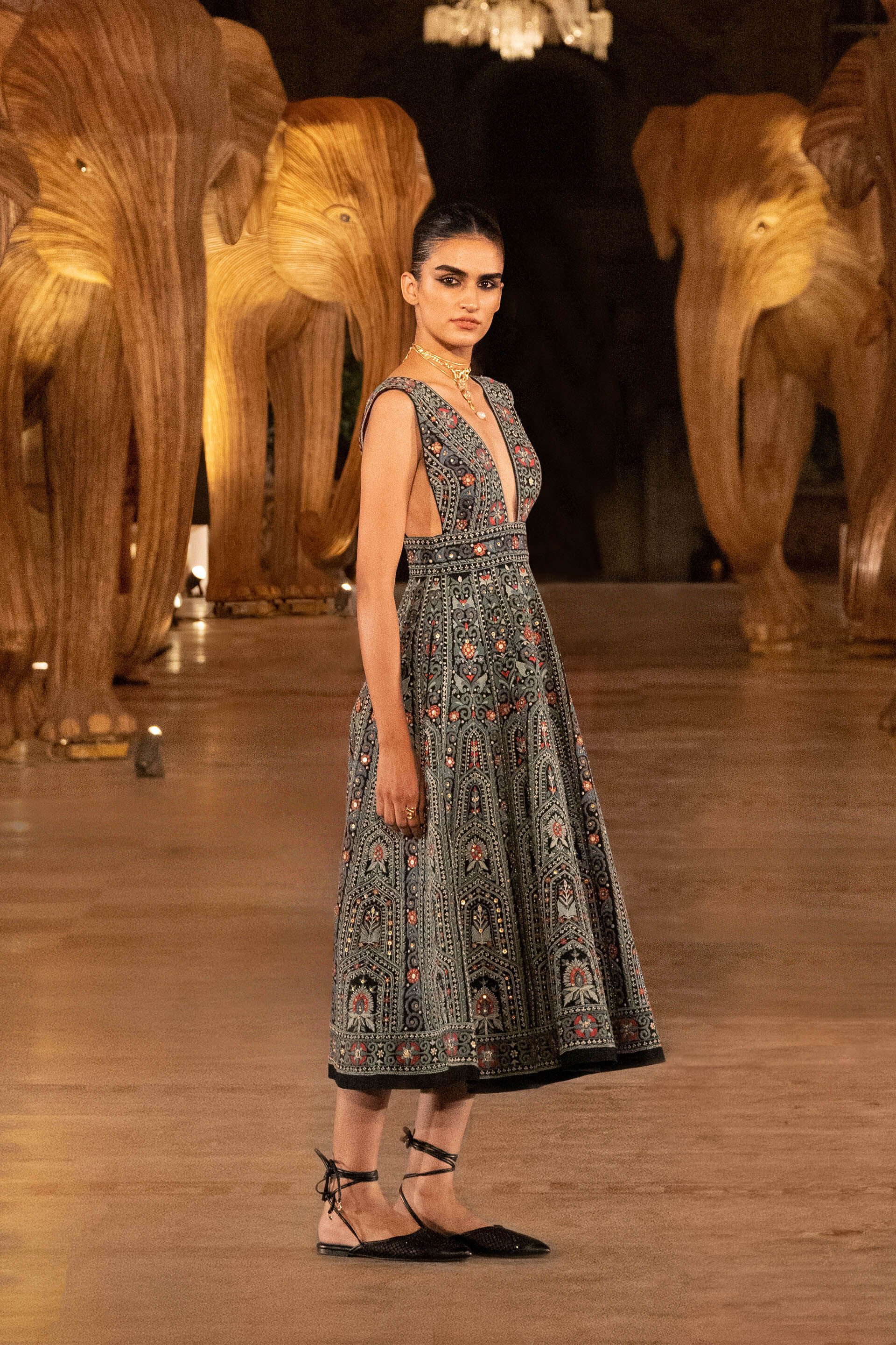 Moonlit Melody Embroidered Zardozi Silk Dress - Black, Black, image 4