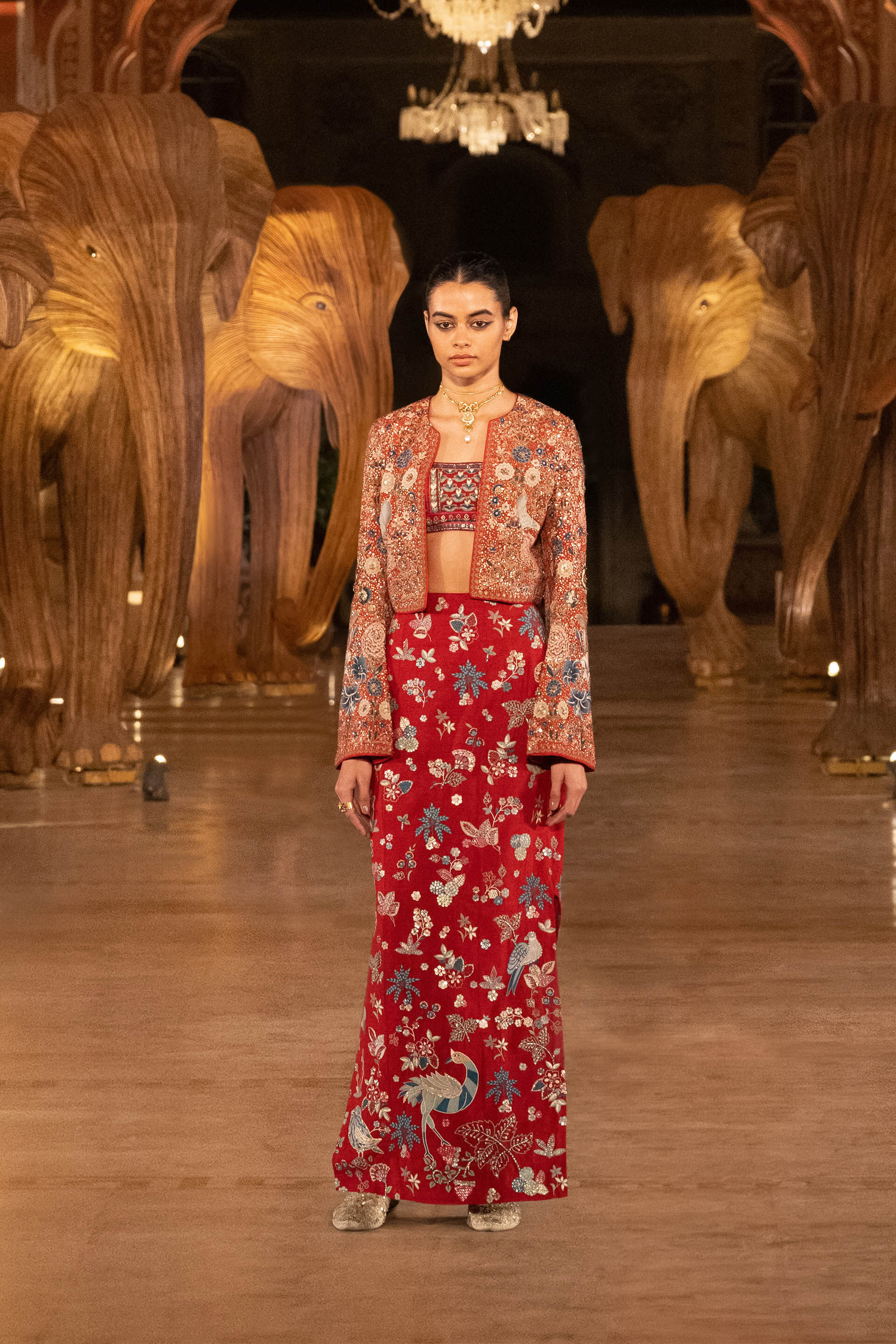 Flame Of The Forest Embroidered Zardozi Silk Skirt Set - Red, Red, image 5