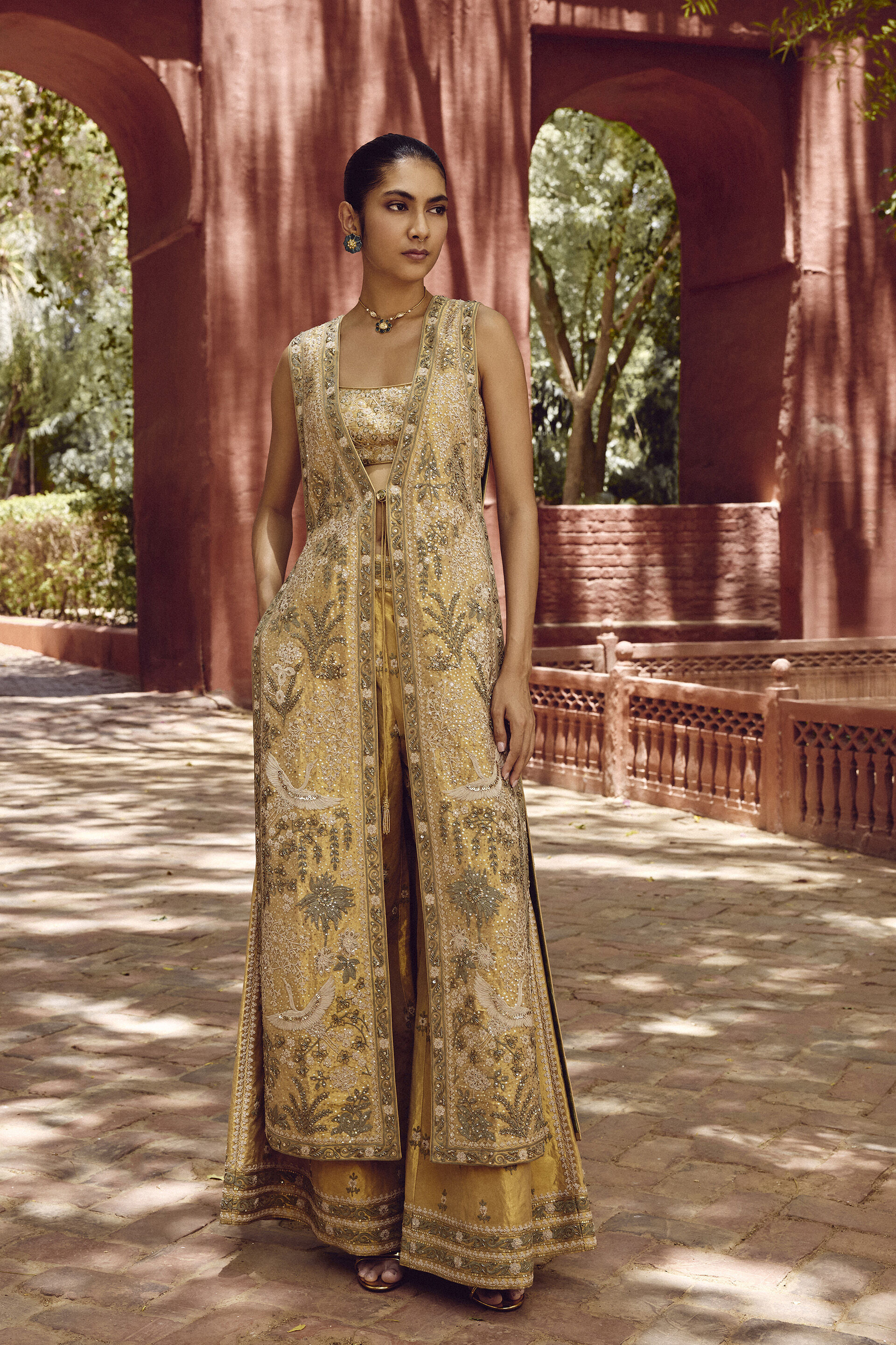 Ikshita Embroidered Silk Tabard Set - Gold