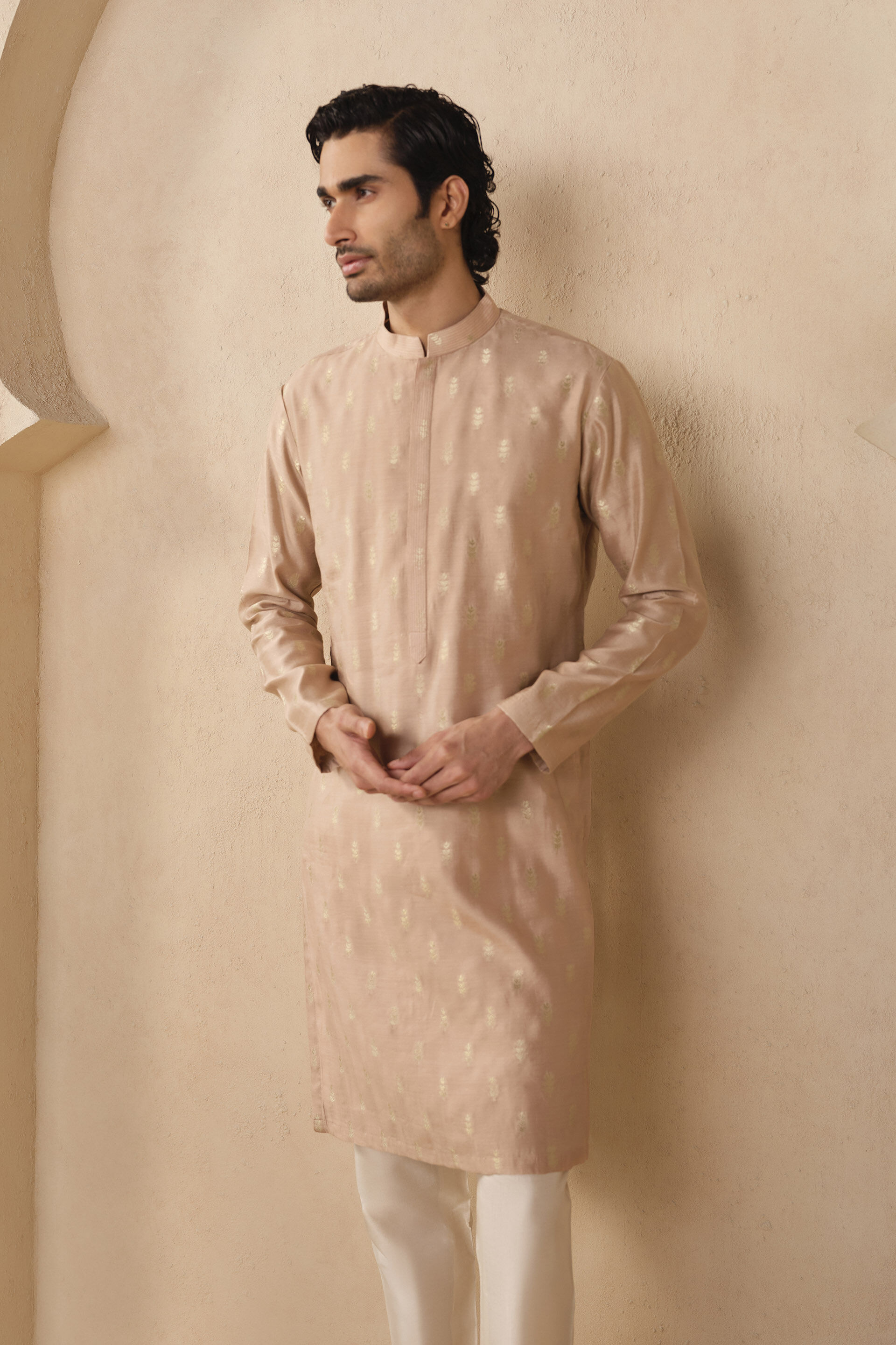 Aryam Woven Benarasi Kurta - Champagne, Champagne, image 4