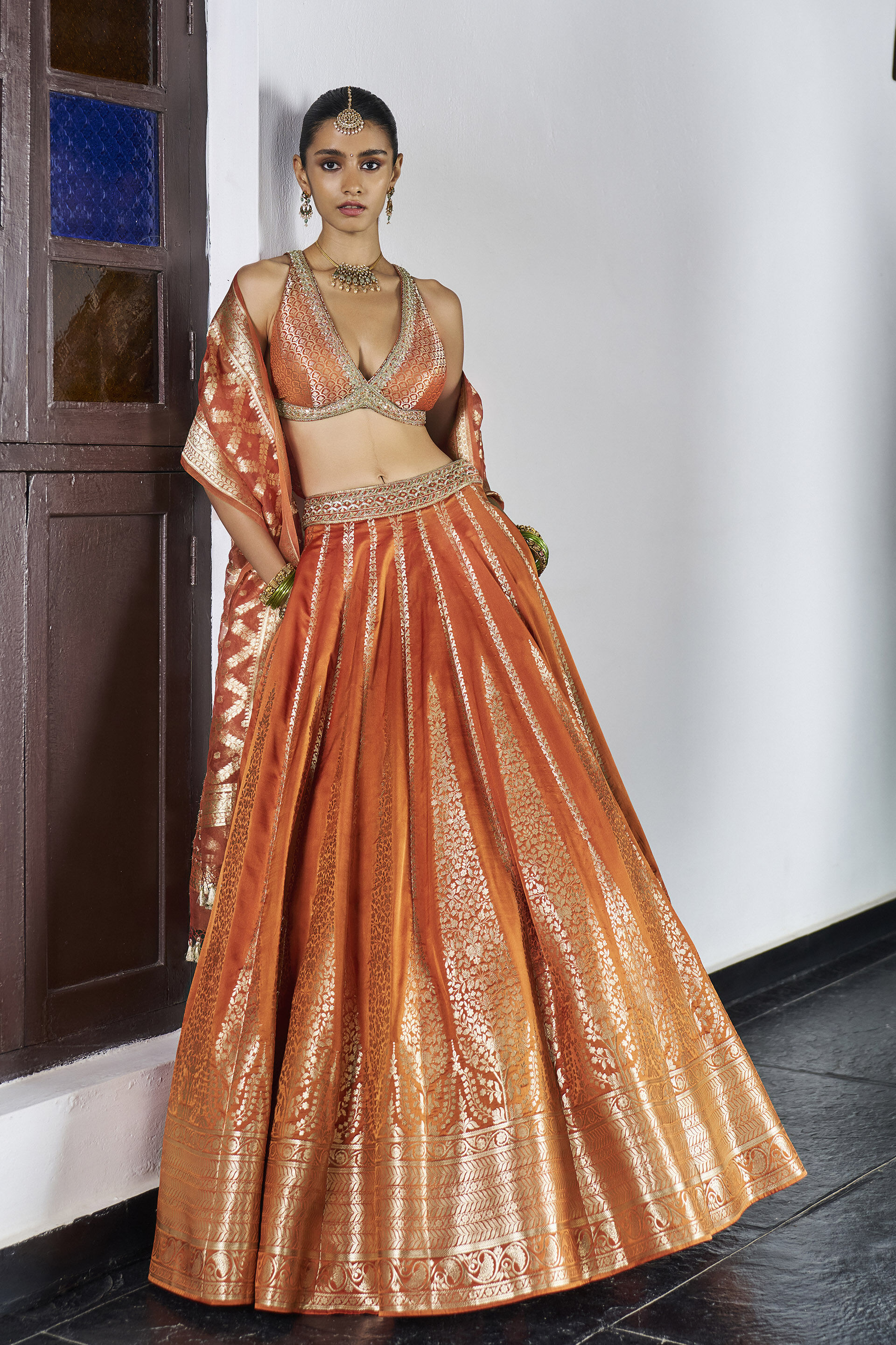 Kaadhal Handwoven Benarasi Lehenga Set - Orange, Orange, image 1