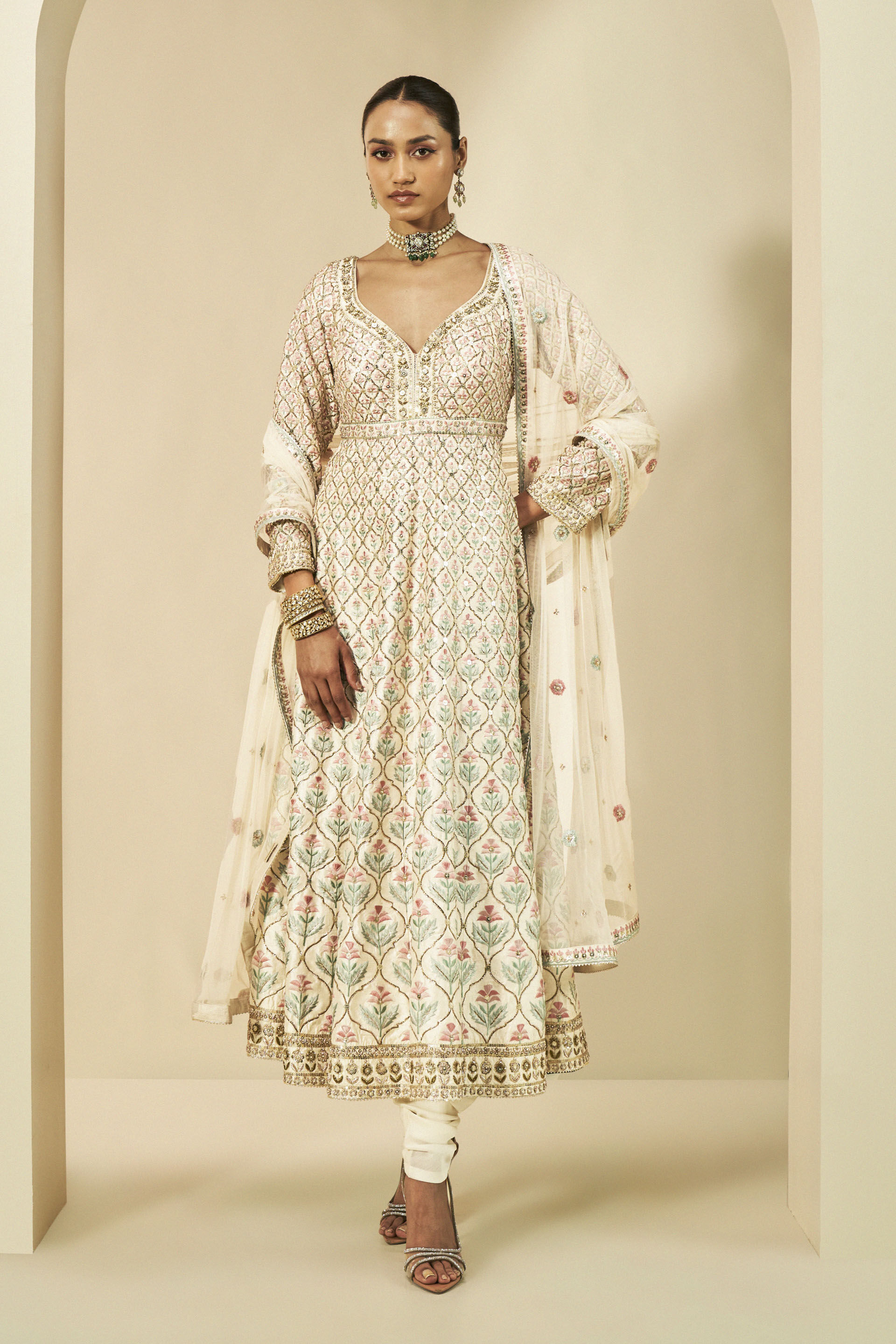 Adri Embroidered Silk Anarkali Set - Cream