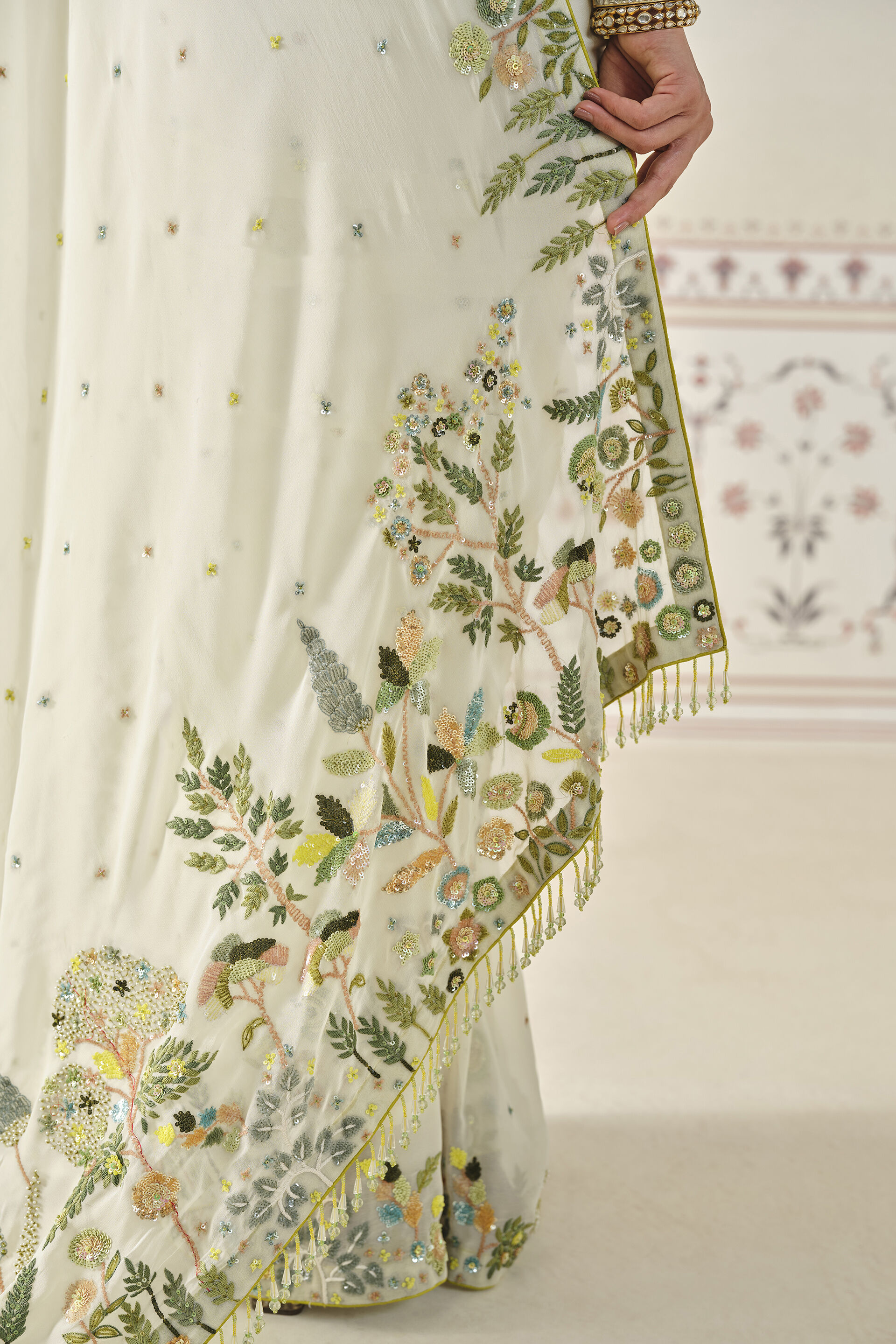 Rema Embroidered Saree Set - Cream, Cream, image 9