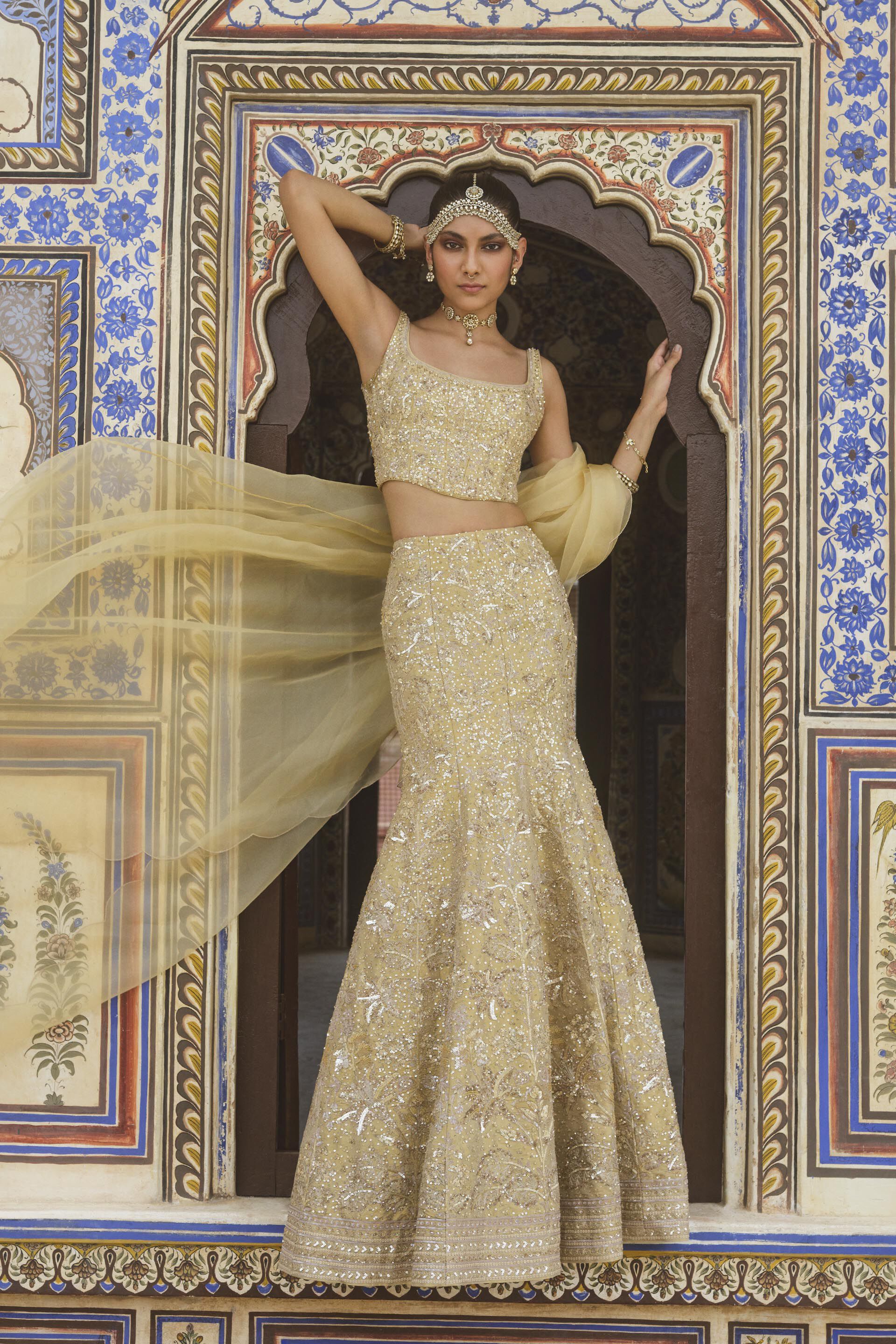 Aurore Embroidered Silk Fishtail Skirt Set Gold
