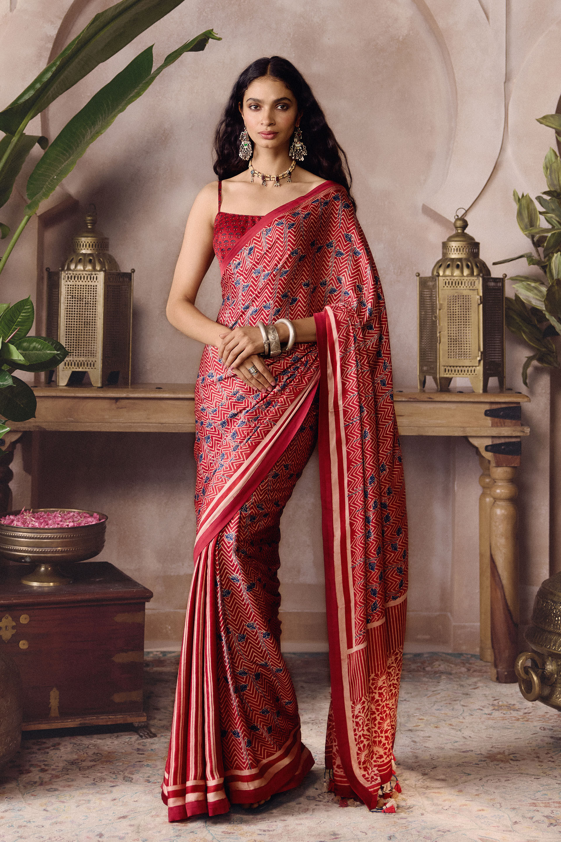 Fiann Ajrakh Hand-block Printed Saree - Red