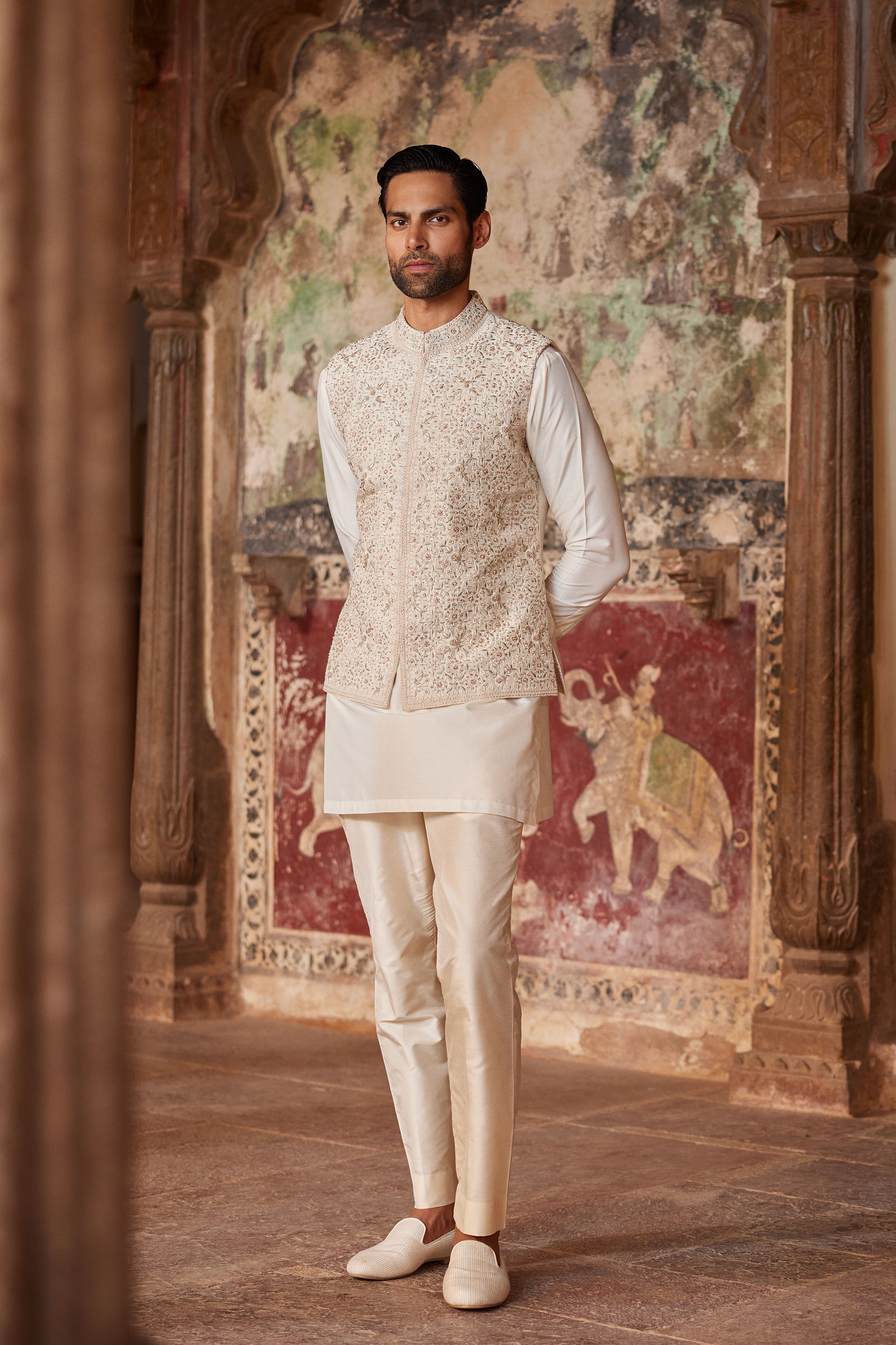 Suwayd Embroidered Silk Nehru Jacket - Ivory, Ivory, image 1