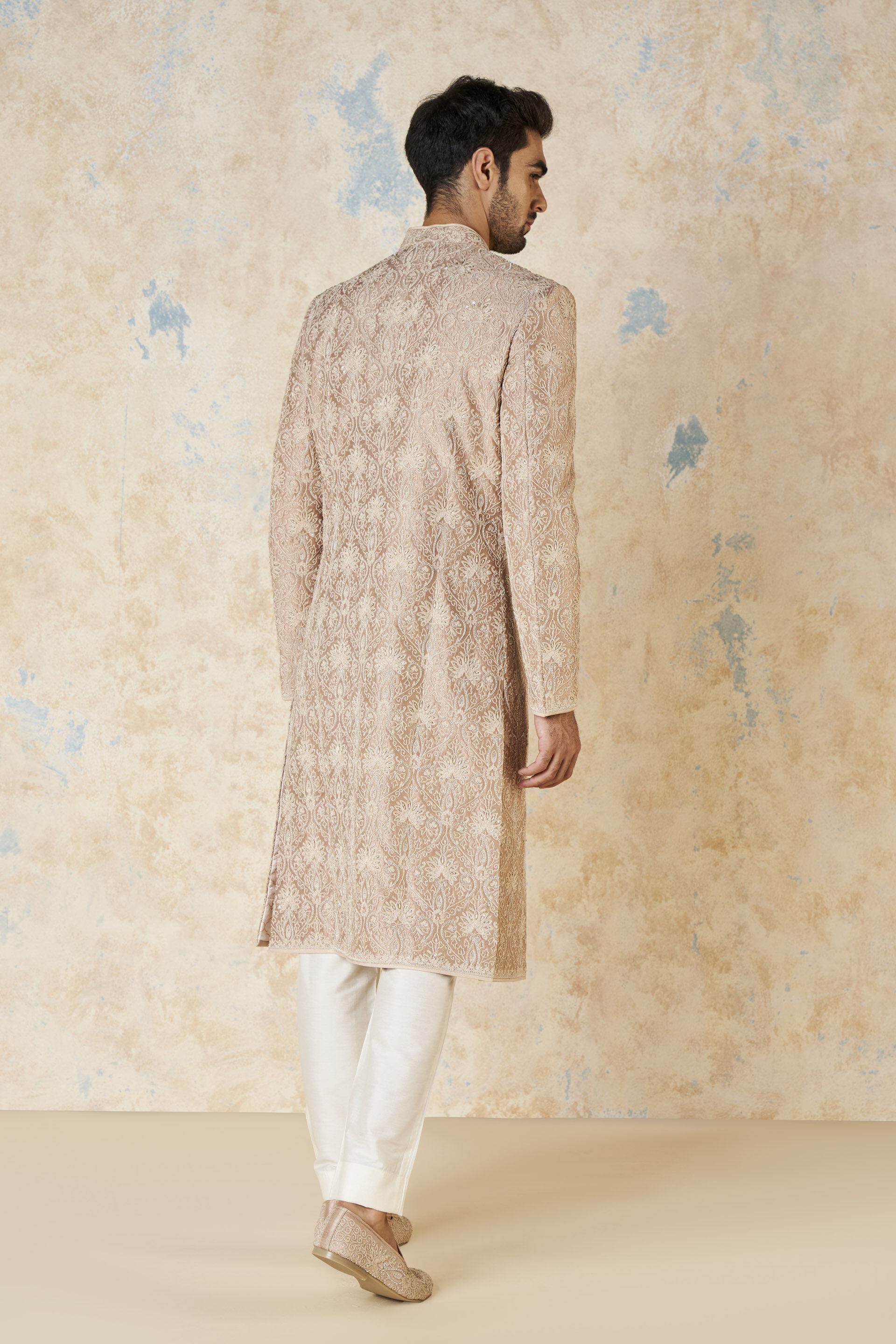 Ikshaan Embroidered Cord Silk Sherwani - Salmon, Salmon, image 3