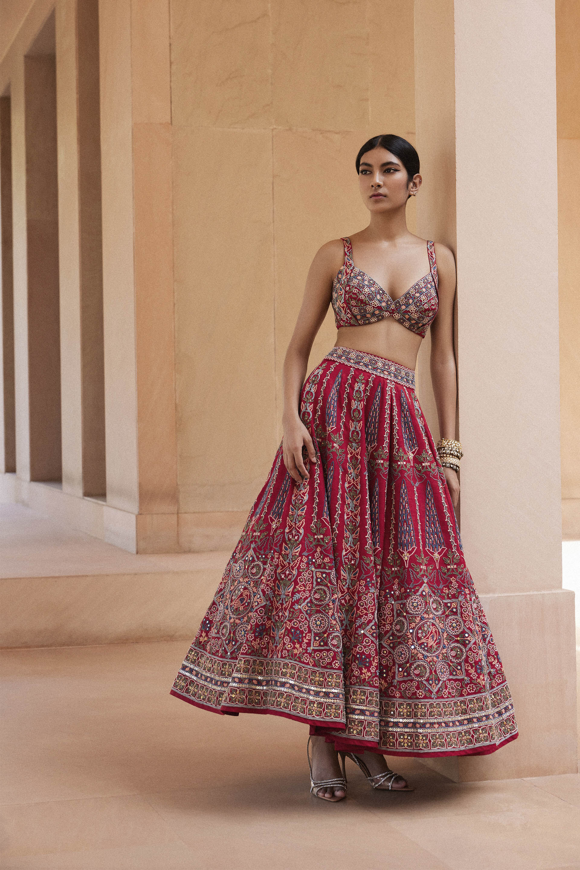 Alakana SEWA Hand-embroidered Silk Skirt Set - Red, Red, image 3