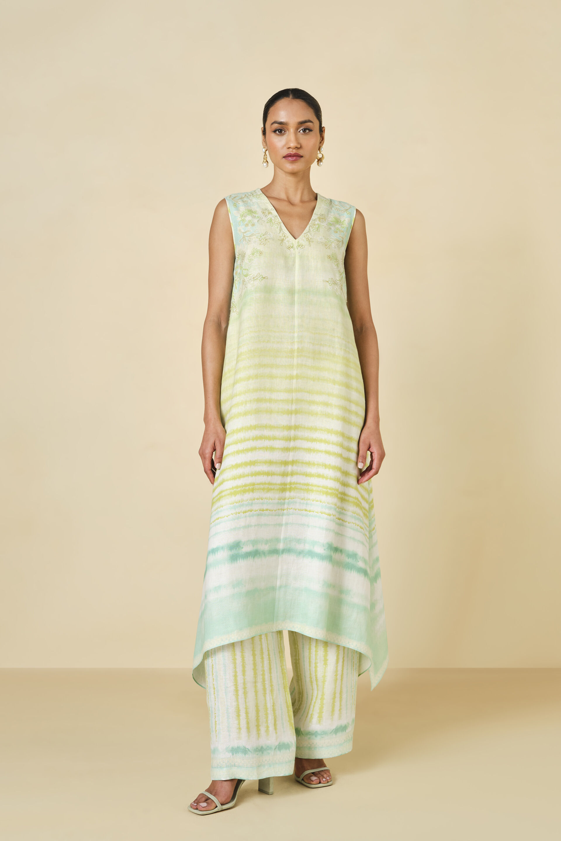 Anapos Asymmetrical Printed Hemp Kurta Set - Lime, Lime, image 1